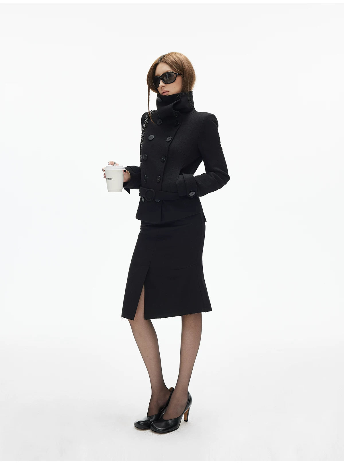 Semi Flare Frayed Midi Skirt with Front Slit - nightcity clothing