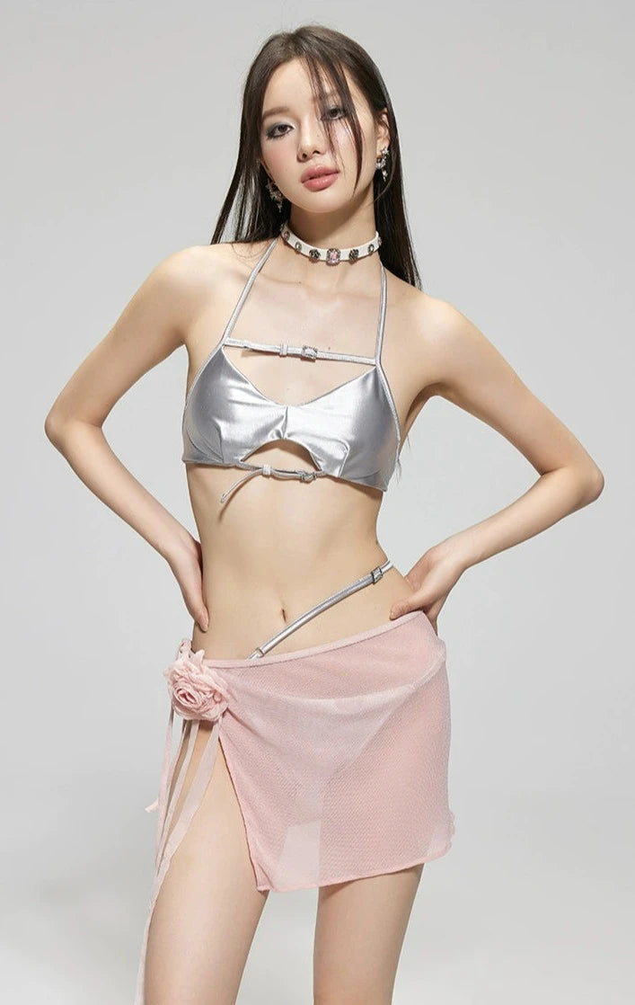 Metallic Halter Top Bikini with Sheer Sarong