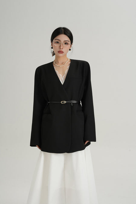 Oversized Lapelless Single-Button Blazer with Belt