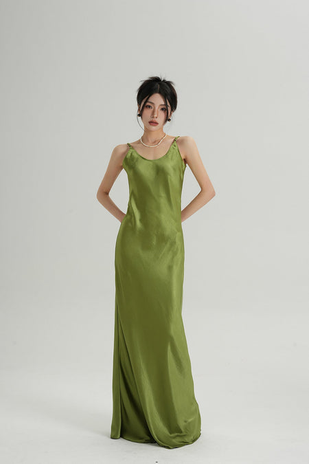 Adjustable Spaghetti Strap Satin Maxi Dress