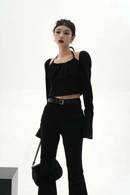 Sheer Long Sleeve Ruched Halter Blouse with Flared Cuffs