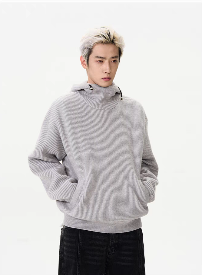 <H>SOLID WOOL 2B COLLAR KNIT PULLOVER Ribbed High Collar Hoodie Knit Sweater
