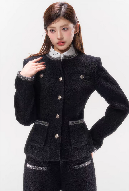 Double-Breasted Slim-Fit Tweed Jacket with Pocket Detail - nightcity clothing
