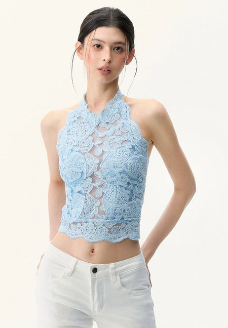 Sleeveless Sheer Lace Halter Neck Scallop Trim Top