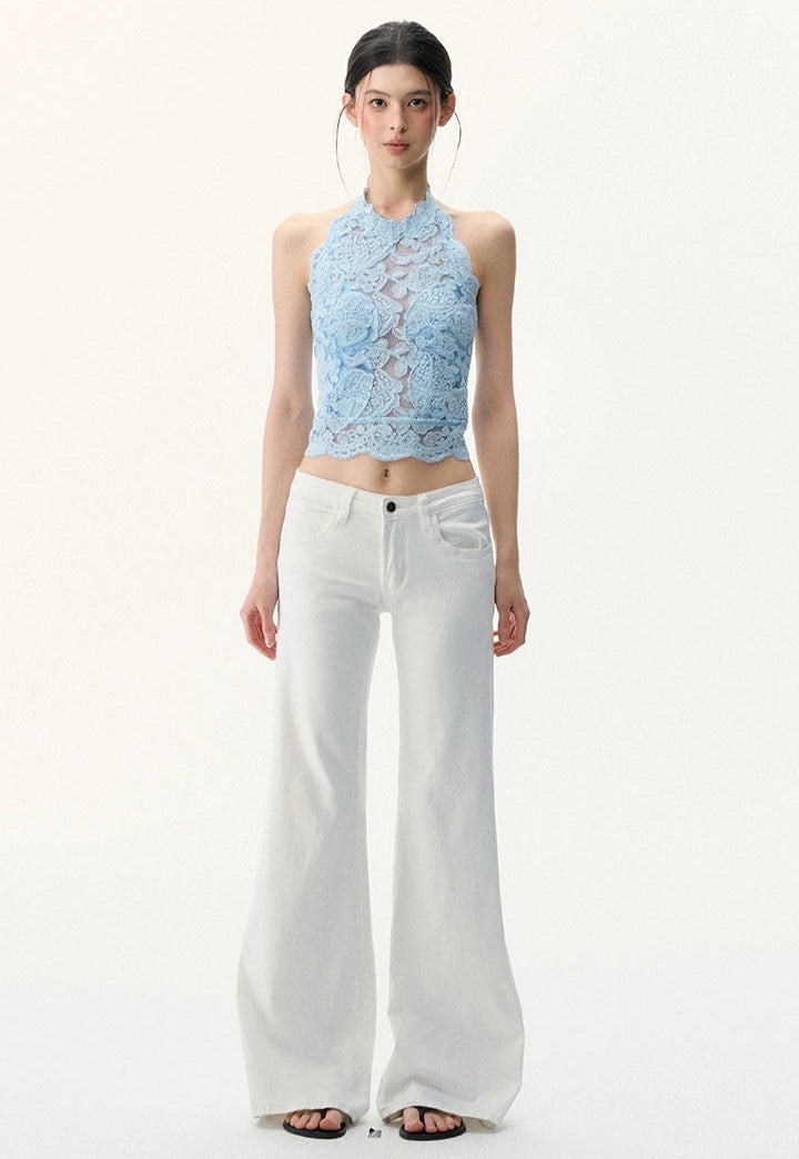 Sleeveless Sheer Lace Halter Neck Scallop Trim Top