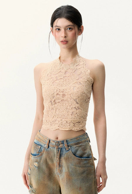 Sleeveless Sheer Lace Halter Neck Scallop Trim Top