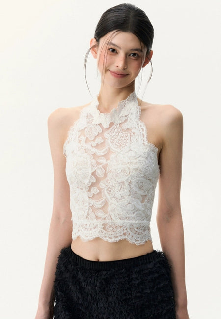 Sleeveless Sheer Lace Halter Neck Scallop Trim Top