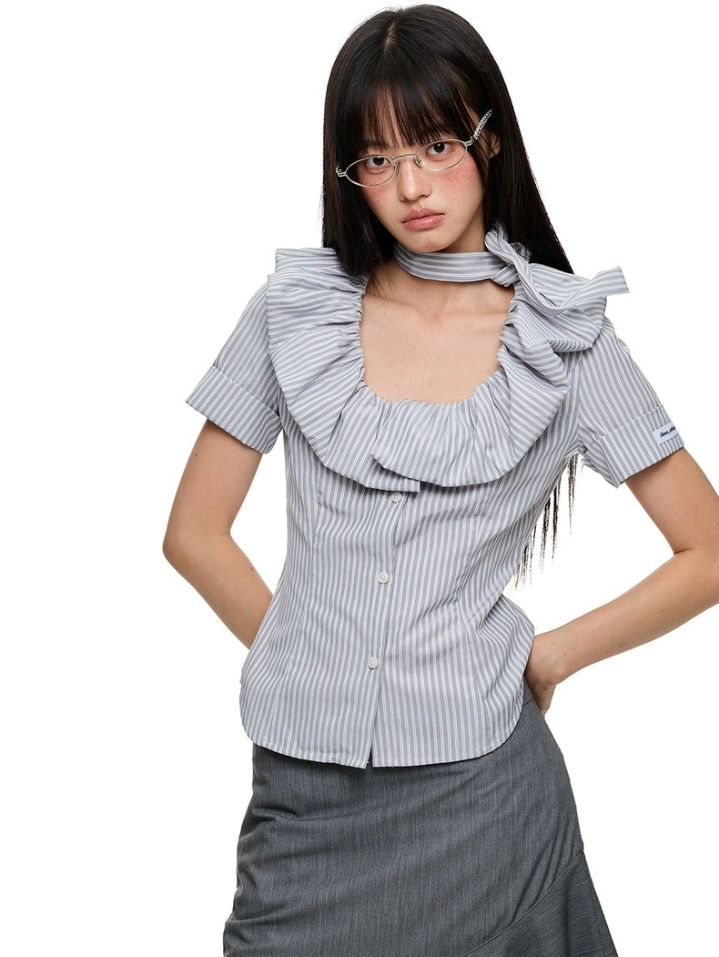 Stripe Button-Up Blouse with Layered Ruffle Collar and Matching Neck Tie