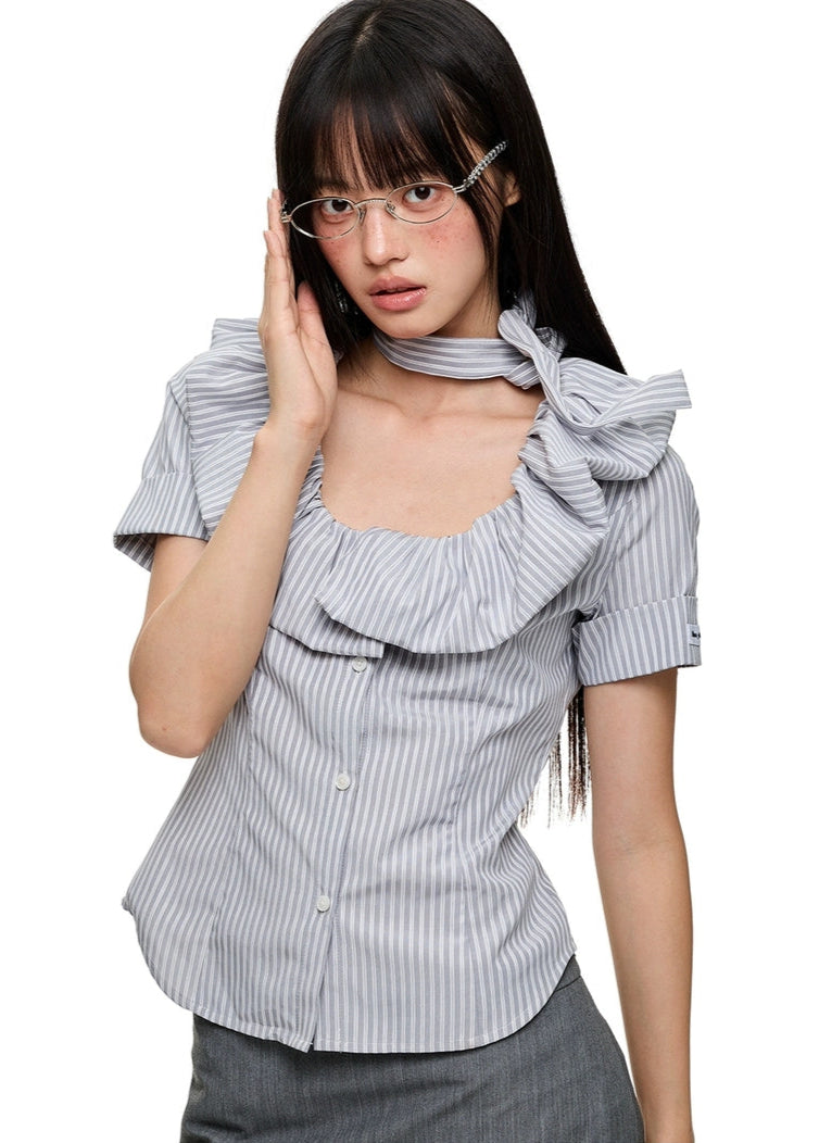 Stripe Button-Up Blouse with Layered Ruffle Collar and Matching Neck Tie