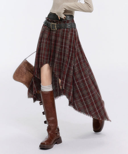 Distressed Hem Asymmetric Plaid Midi Skirt
