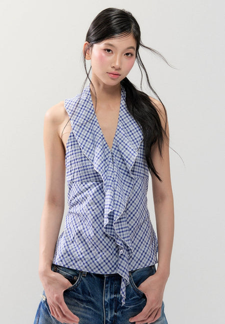 Sleeveless Checker Ruffle Front Tie Halter Top