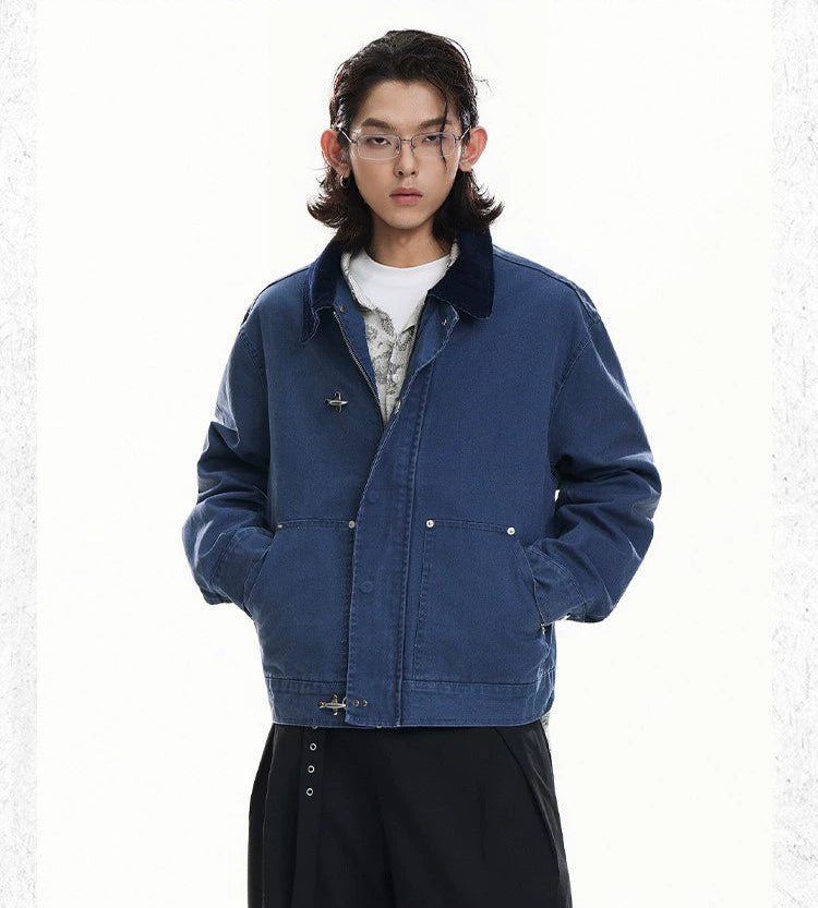 Structured Fireman Buckle Denim Jacket with Contrast Corduroy Collar