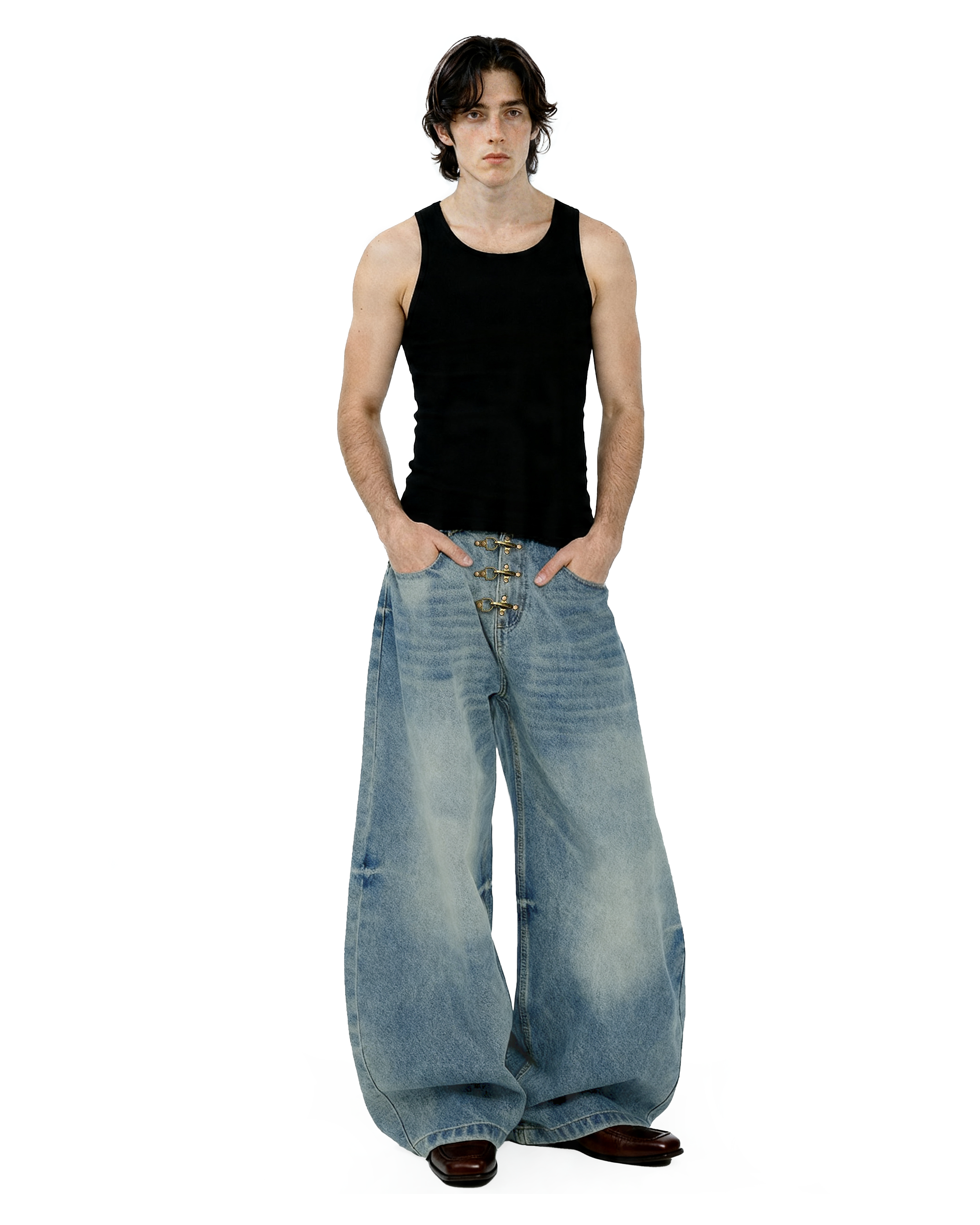Fireman Buckle Crotch Wide Leg Vintage Wash Denim Jeans-5