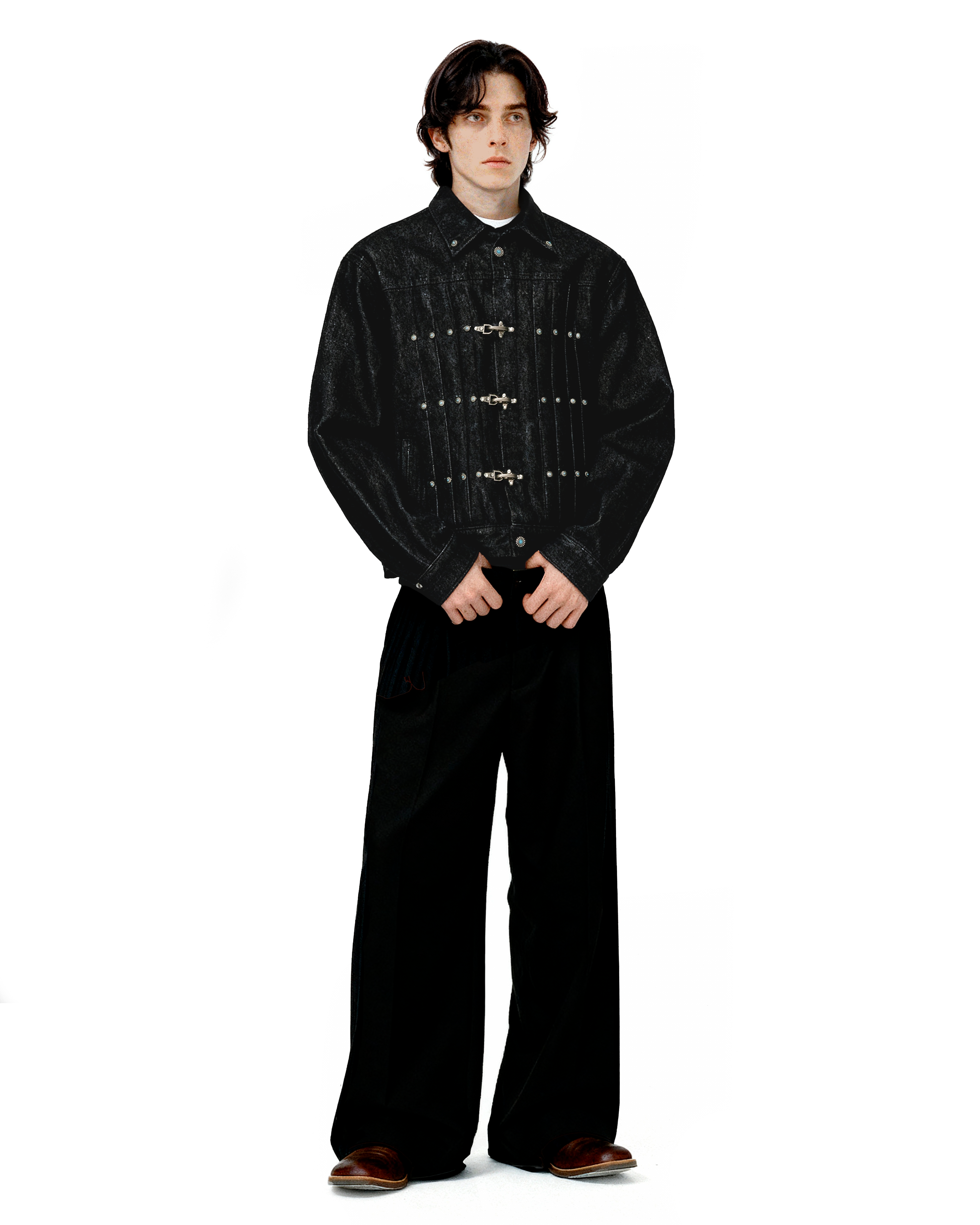 Fireman Clasp Pleated Denim Jacket with Studs - nightcity clothing