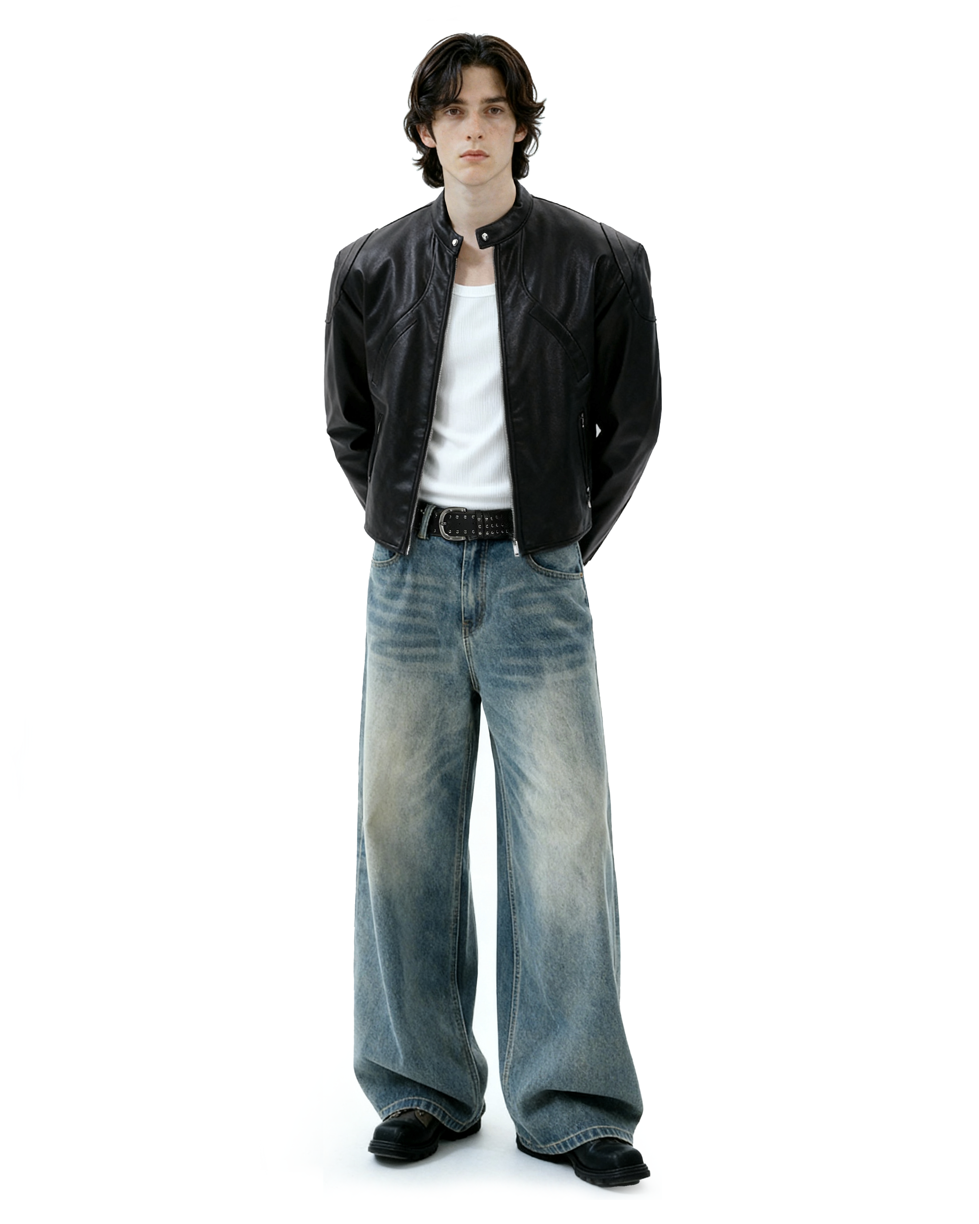 Boxy Faux Leather Racer Jacket with Zip Pockets - nightcity clothing