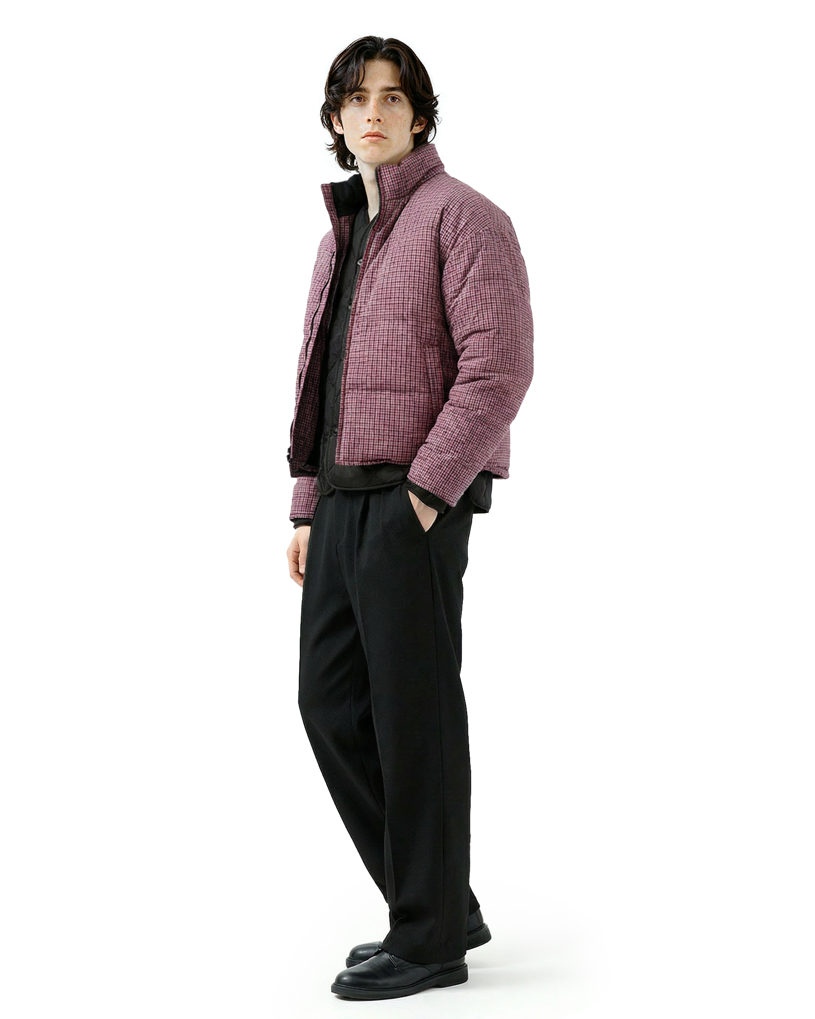 Wide High Collar Plaid Reversible Puffer Jacket-5