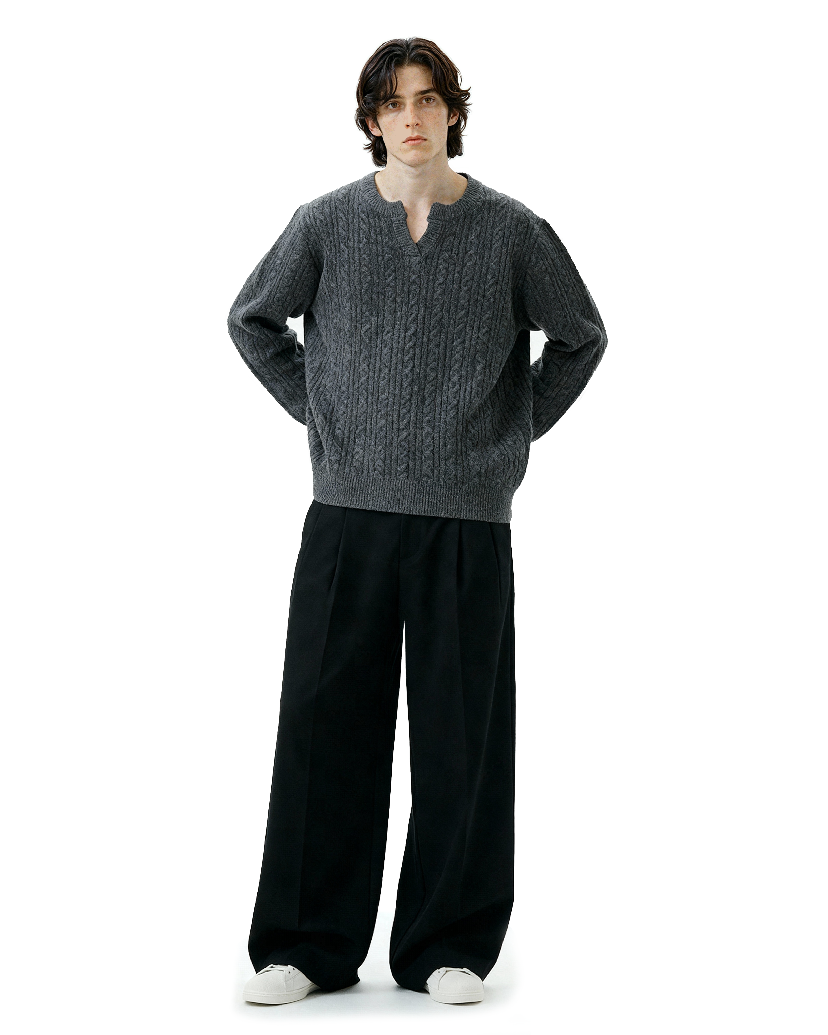 Cable Knit Notch-Neck Henley Pullover - nightcity clothing