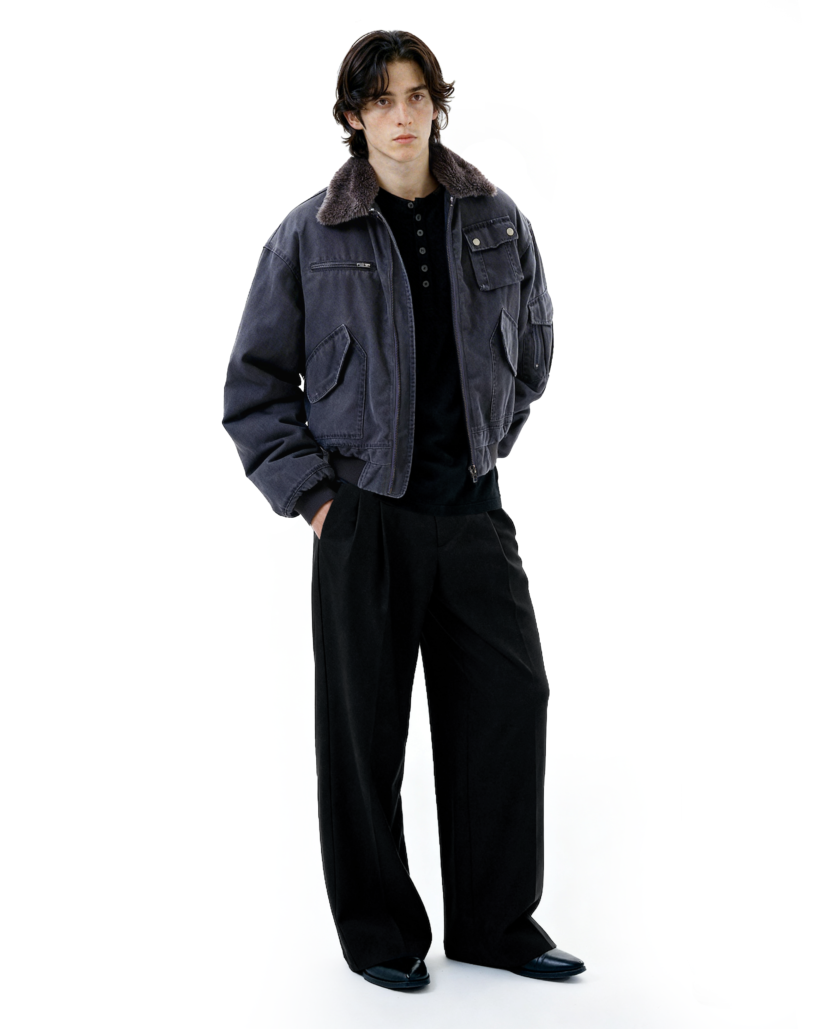 Faux Shearling Collar Worker Bomber Jacket - nightcity clothing