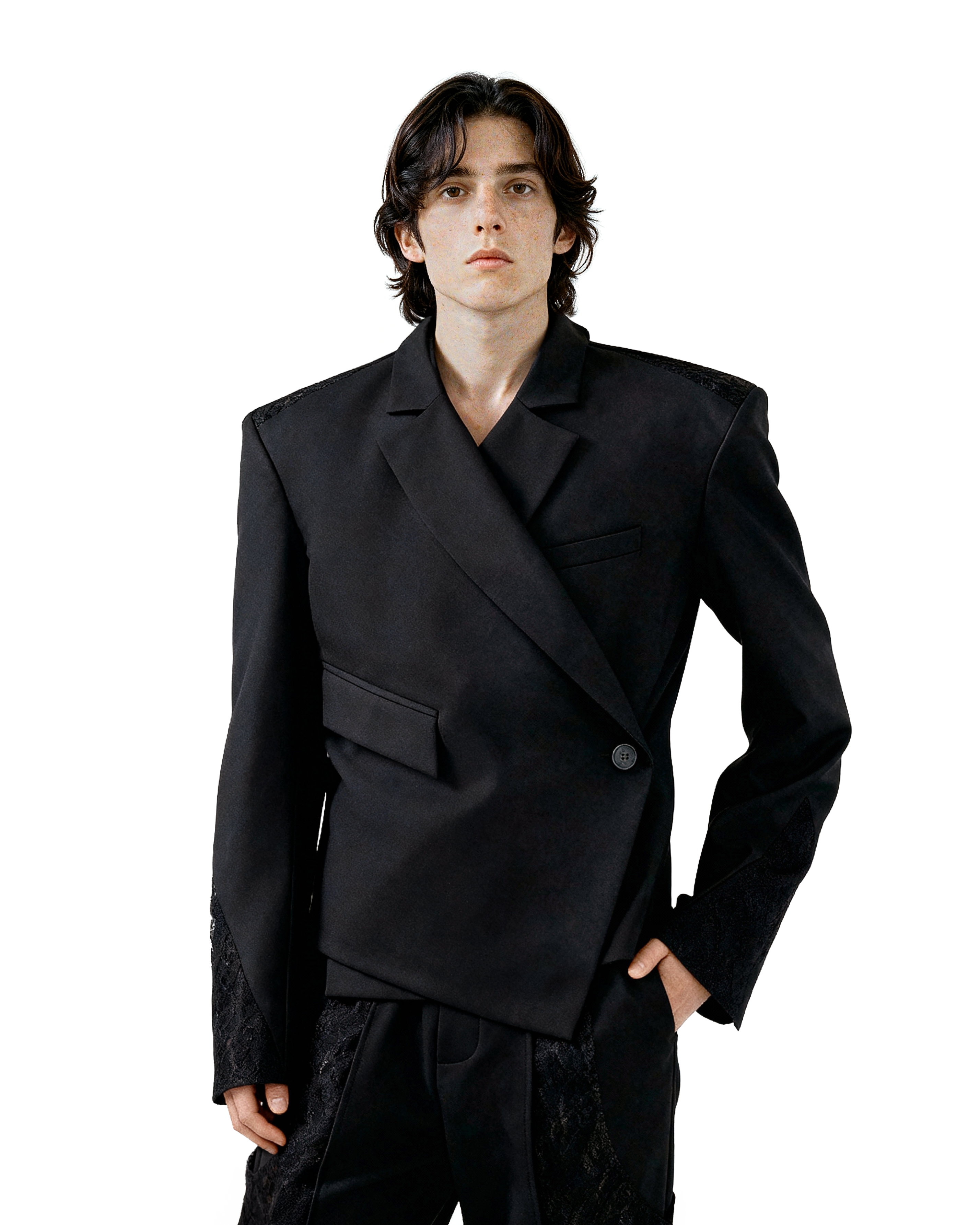 Asymmetric Overlap Button Lace Patchwork Blazer - nightcity clothing