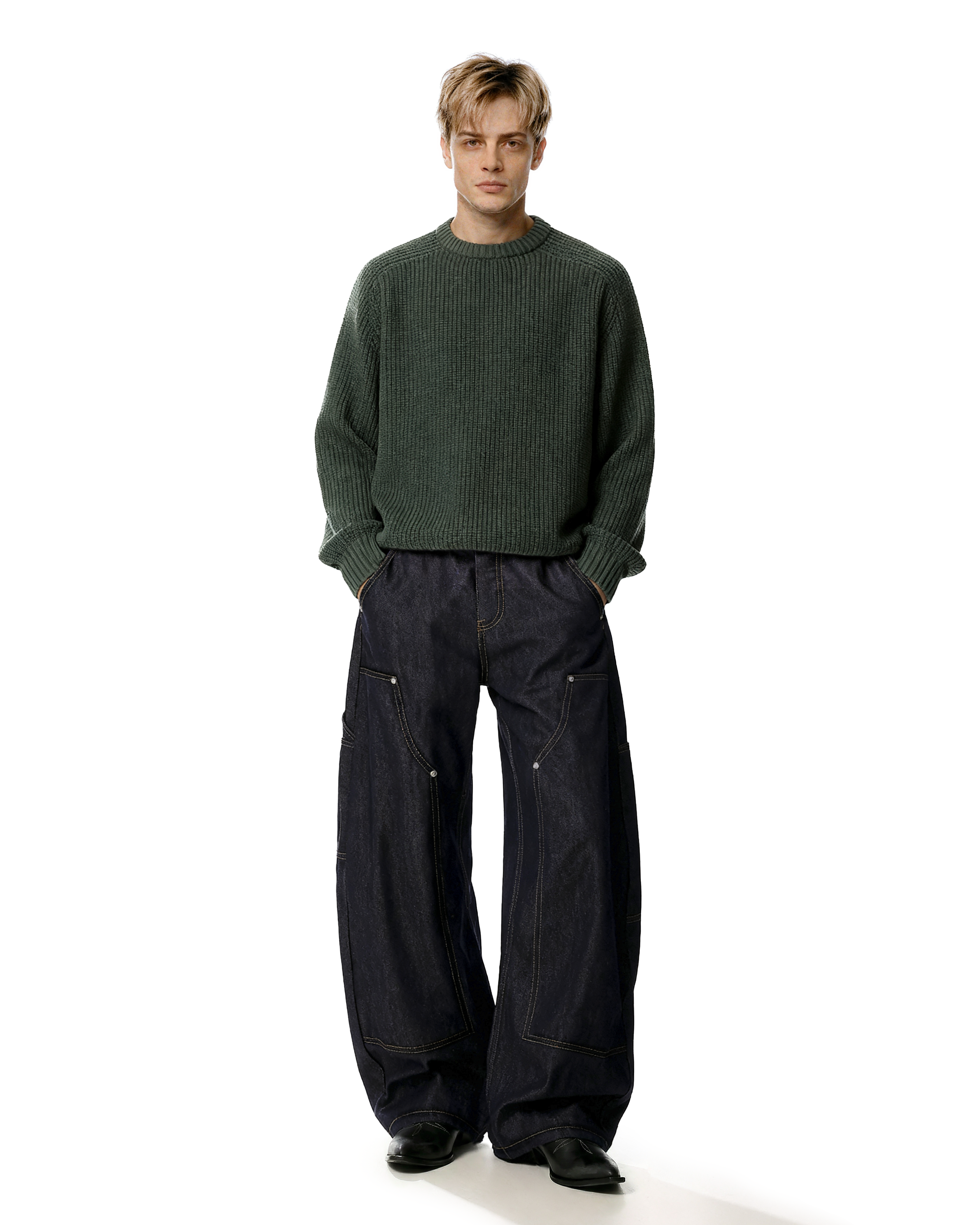 Rivet Detail Wide Leg Contrast Stitch Utility Jeans - nightcity clothing