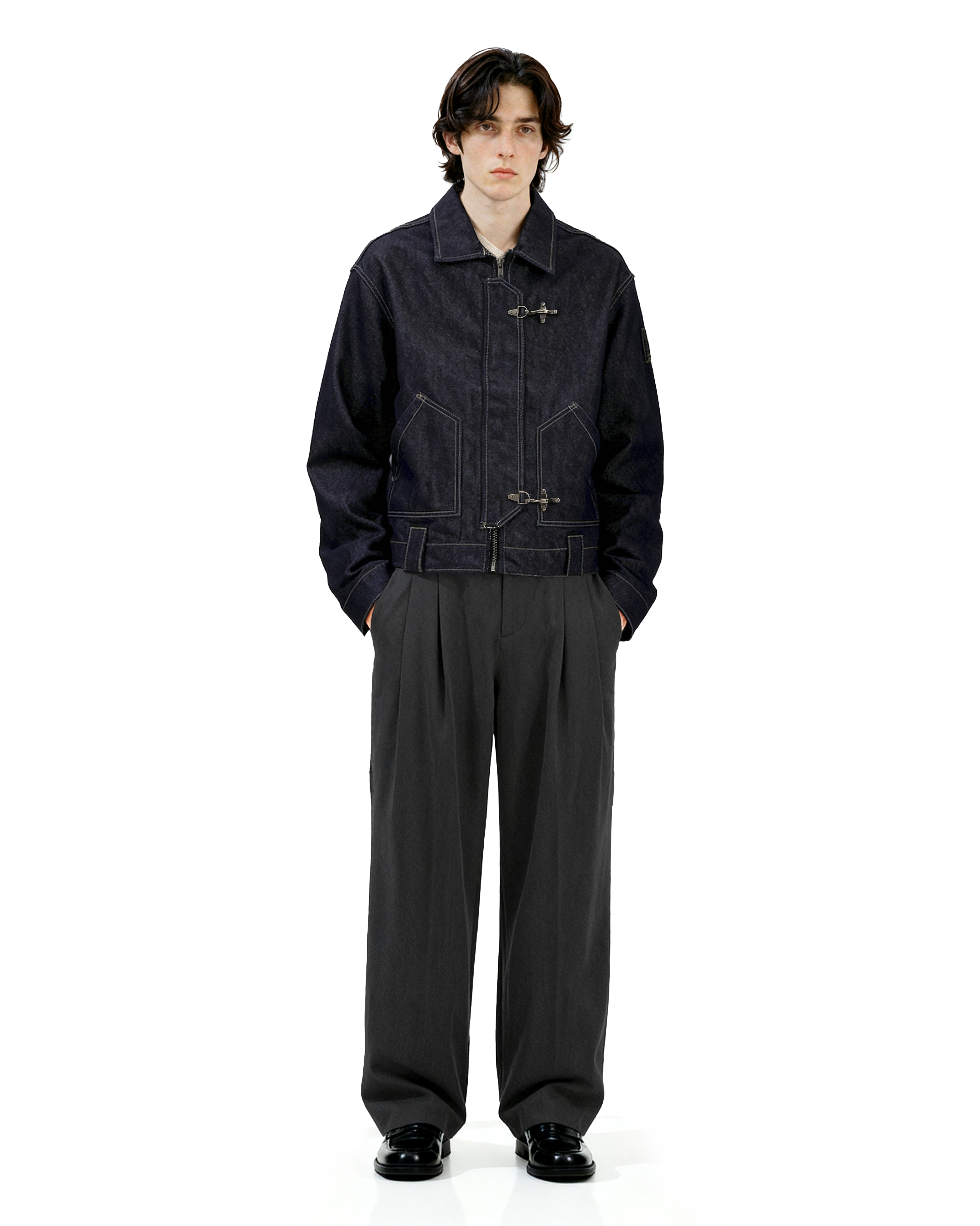 Dark Wash Fireman Clasp Mid-Crop Denim Jacket - nightcity clothing