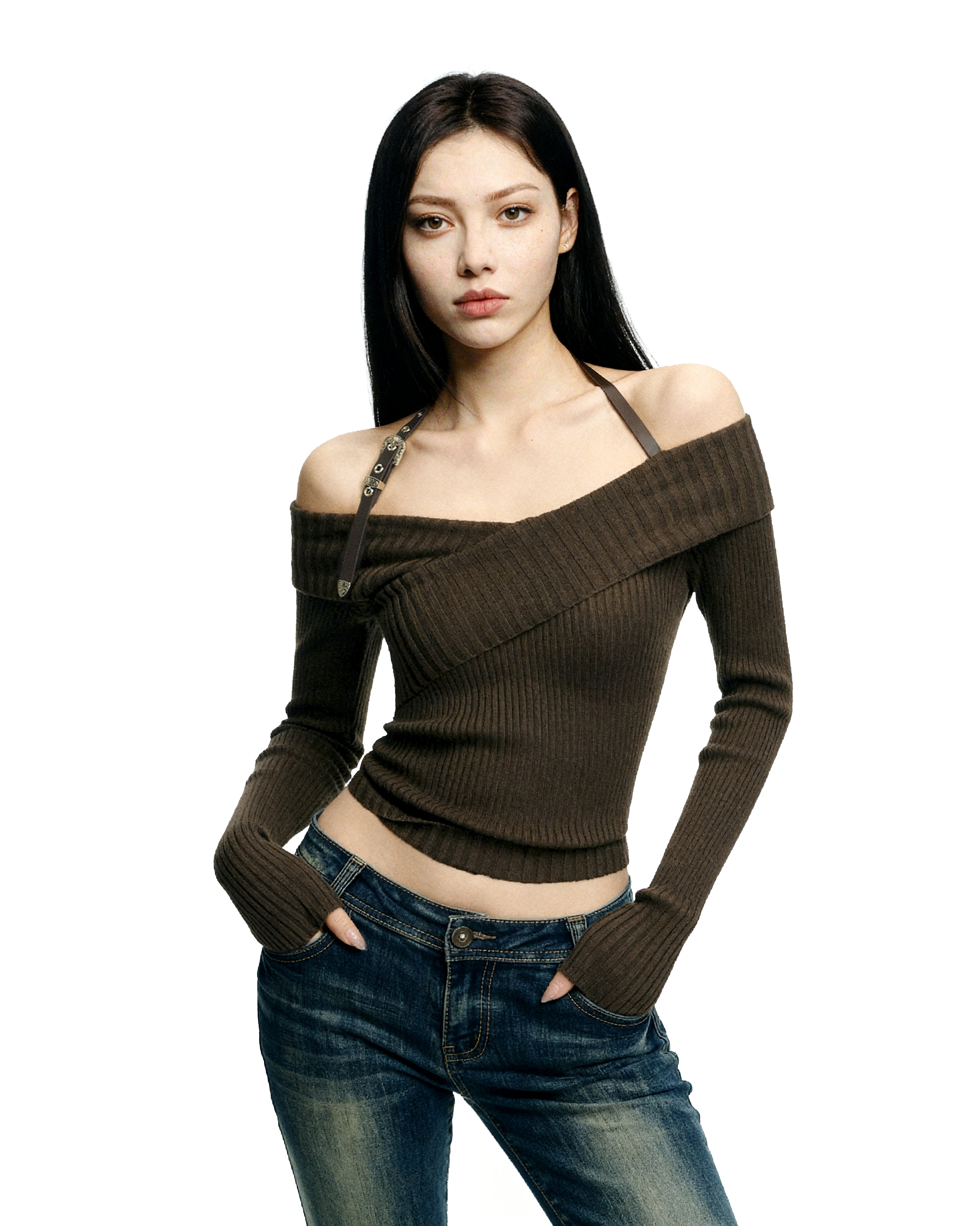 Halter Neck Ribbed Knit Long Sleeve Top - nightcity clothing