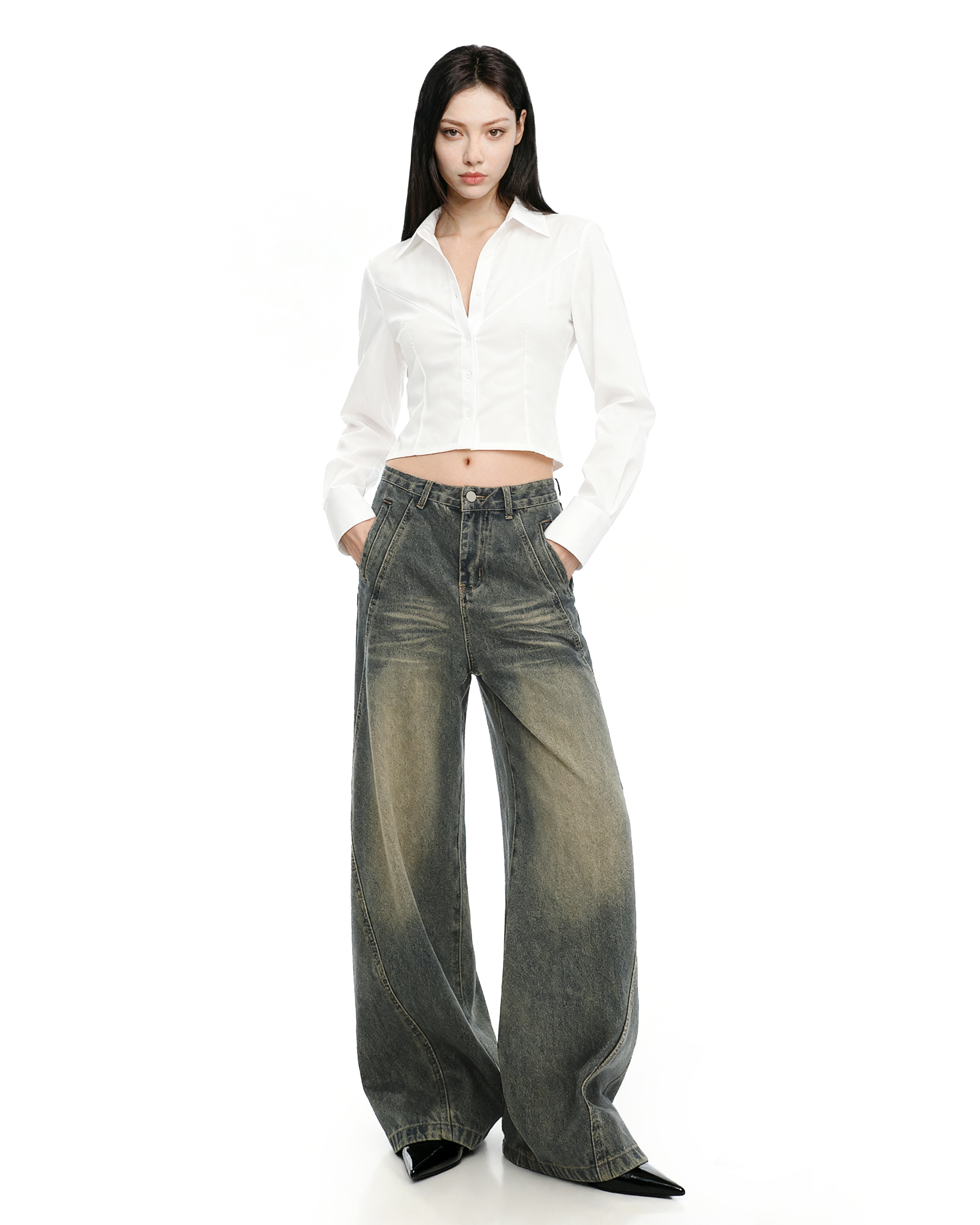 Sandblast Wide-Leg Jeans with Stitch Detail-5
