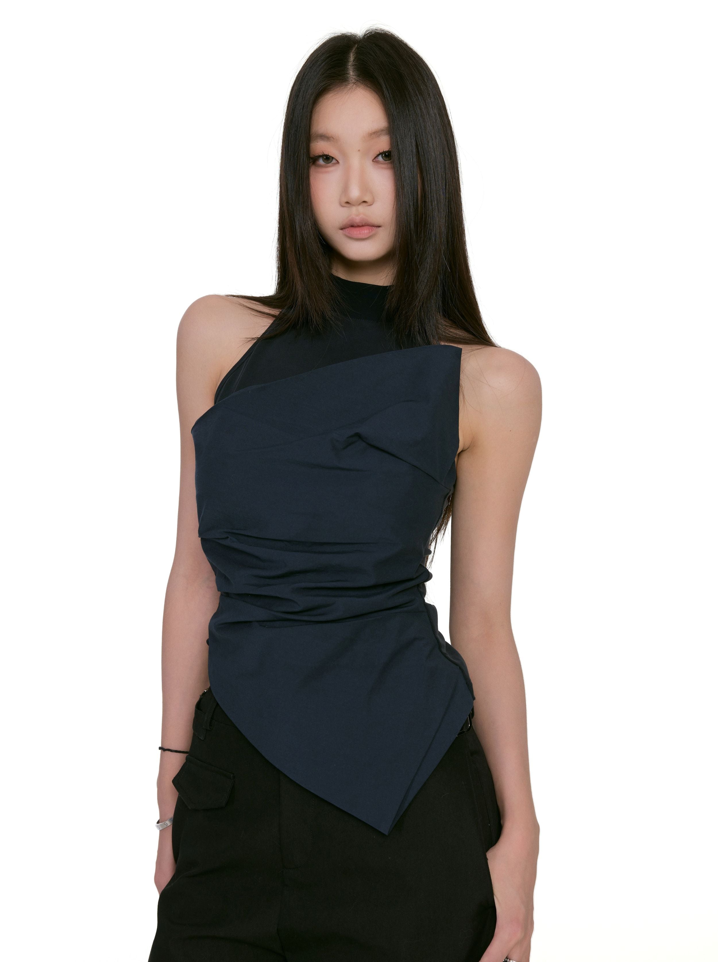 Asymmetric Draped Halter Top with Structured Overlay