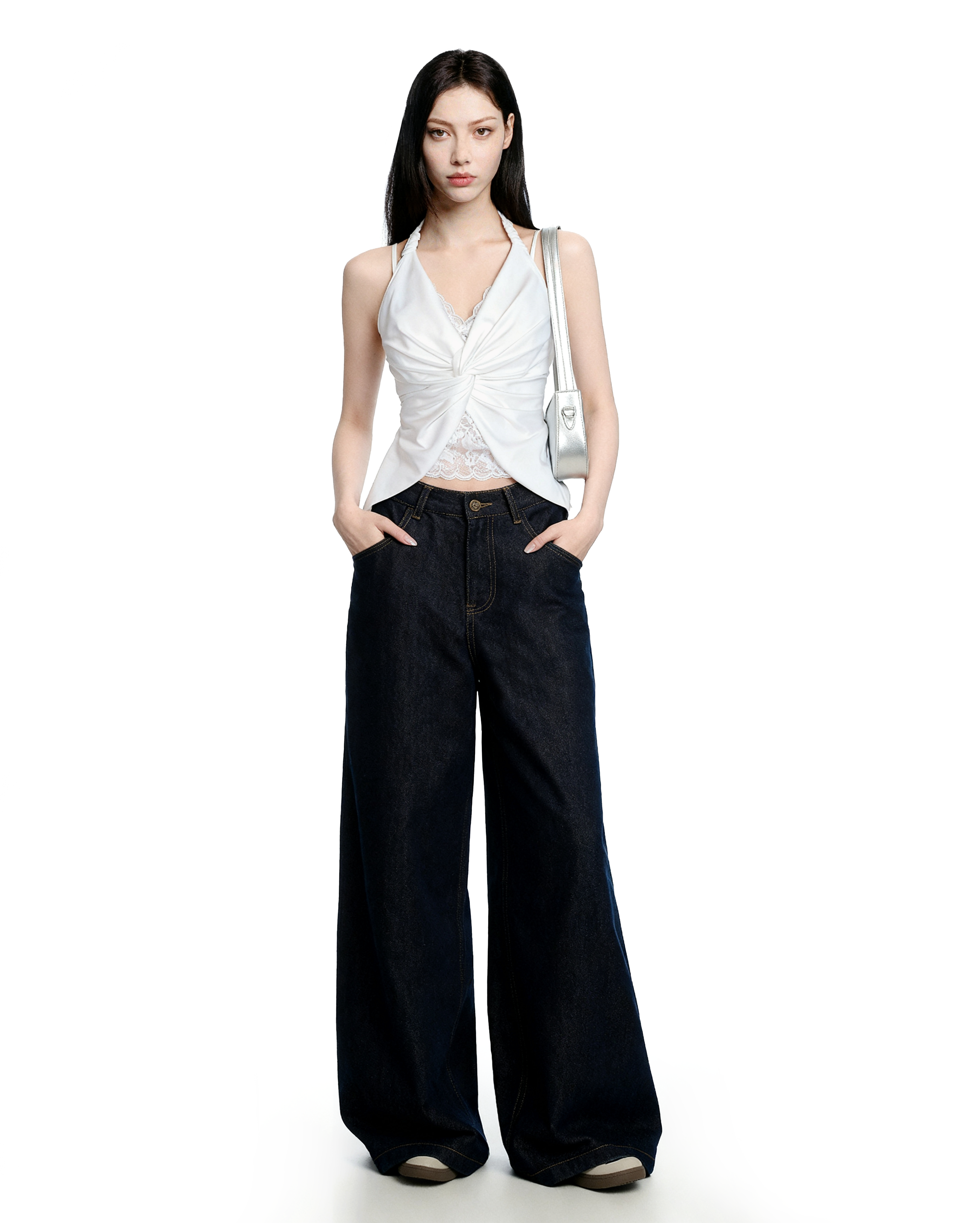 Ruched Halter Top with Lace Layer and Twist Front-4
