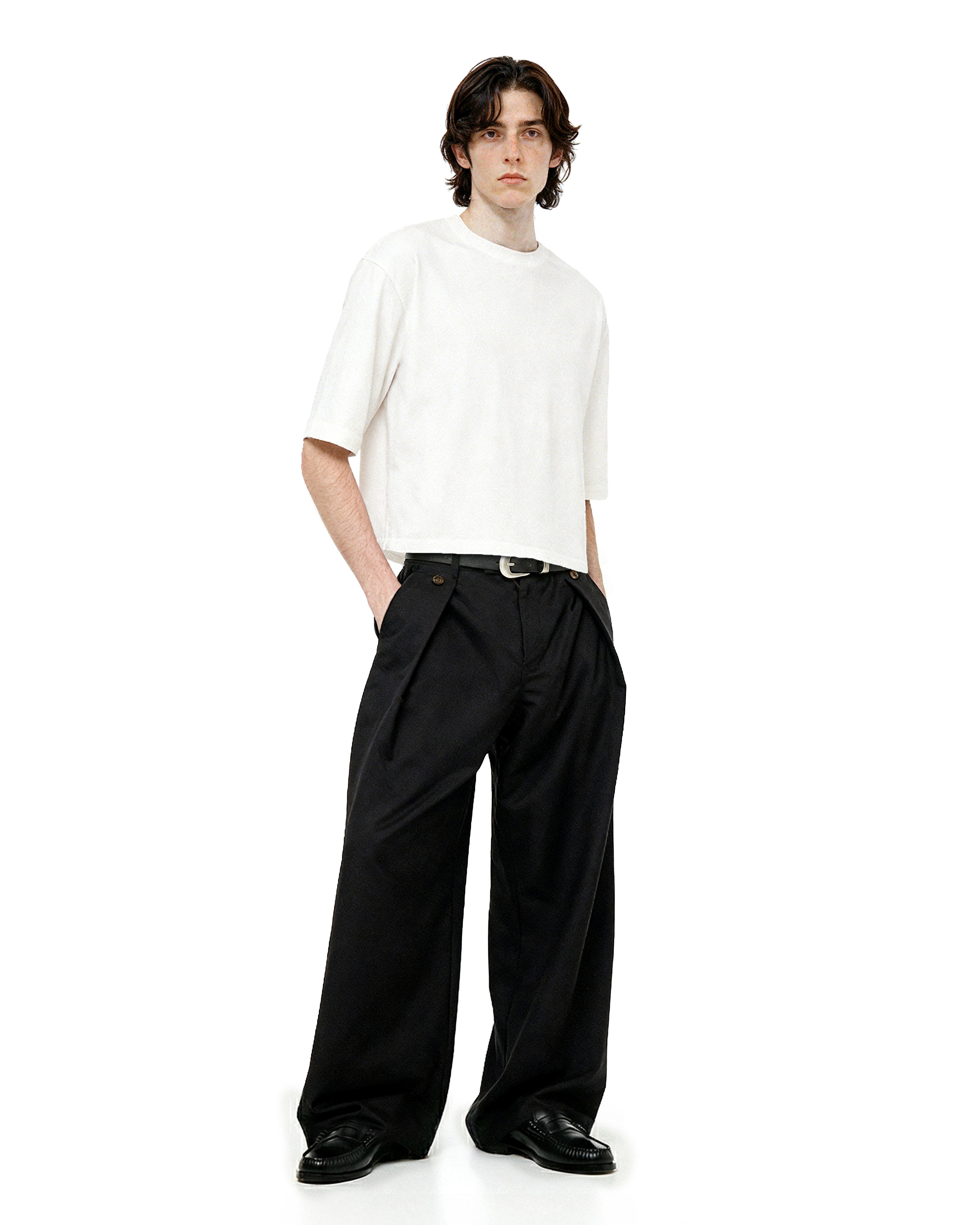 Wide Leg Pleated Pants with Side Overlay Button Panels - nightcity clothing