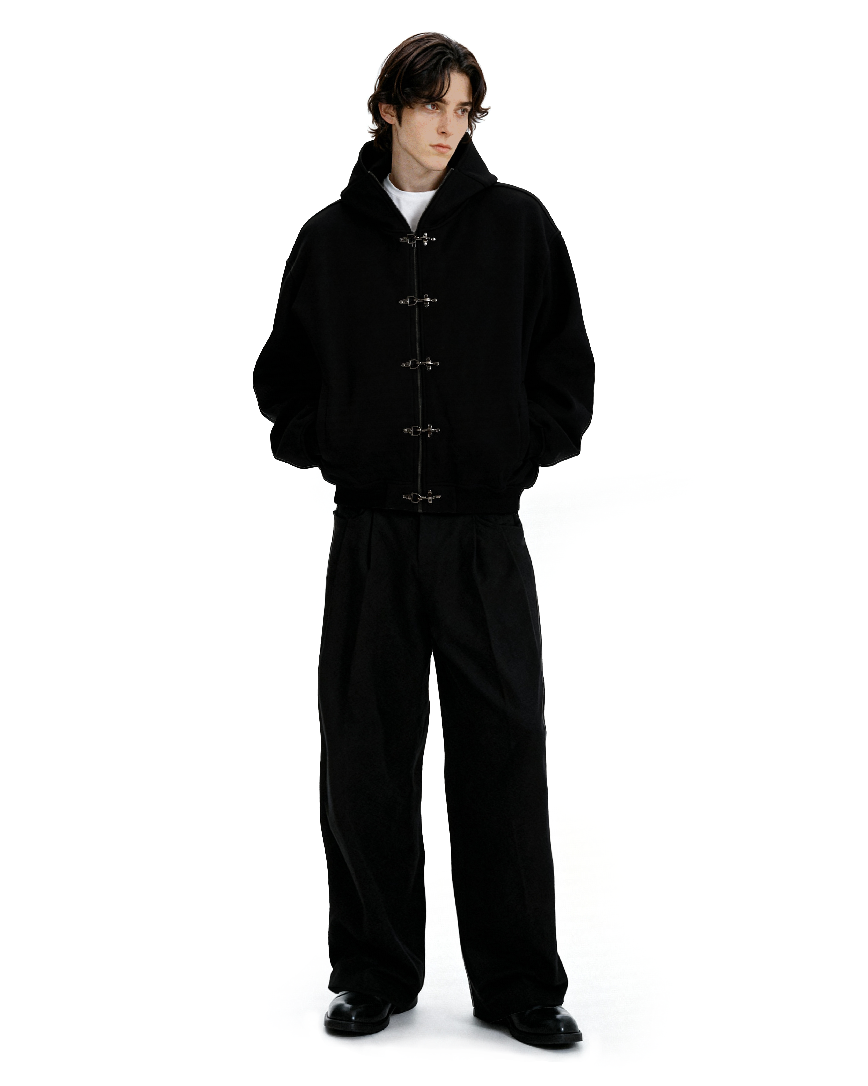 Oversized Fireman Clasp Zip-Up Hooded Bomber Jacket