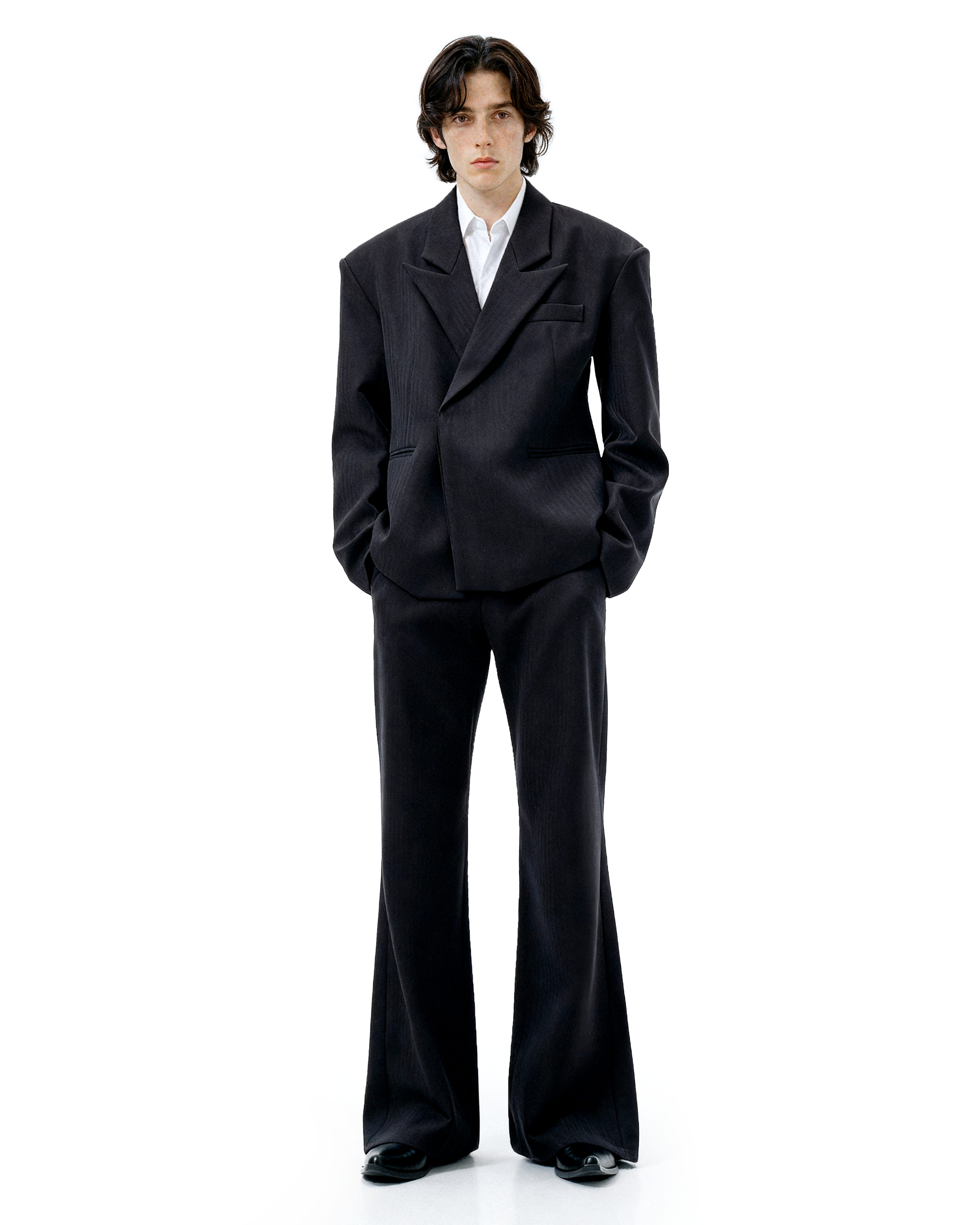 Overlap Stripe-Texture Wide Lapel Blazer and Flare Trousers Suit