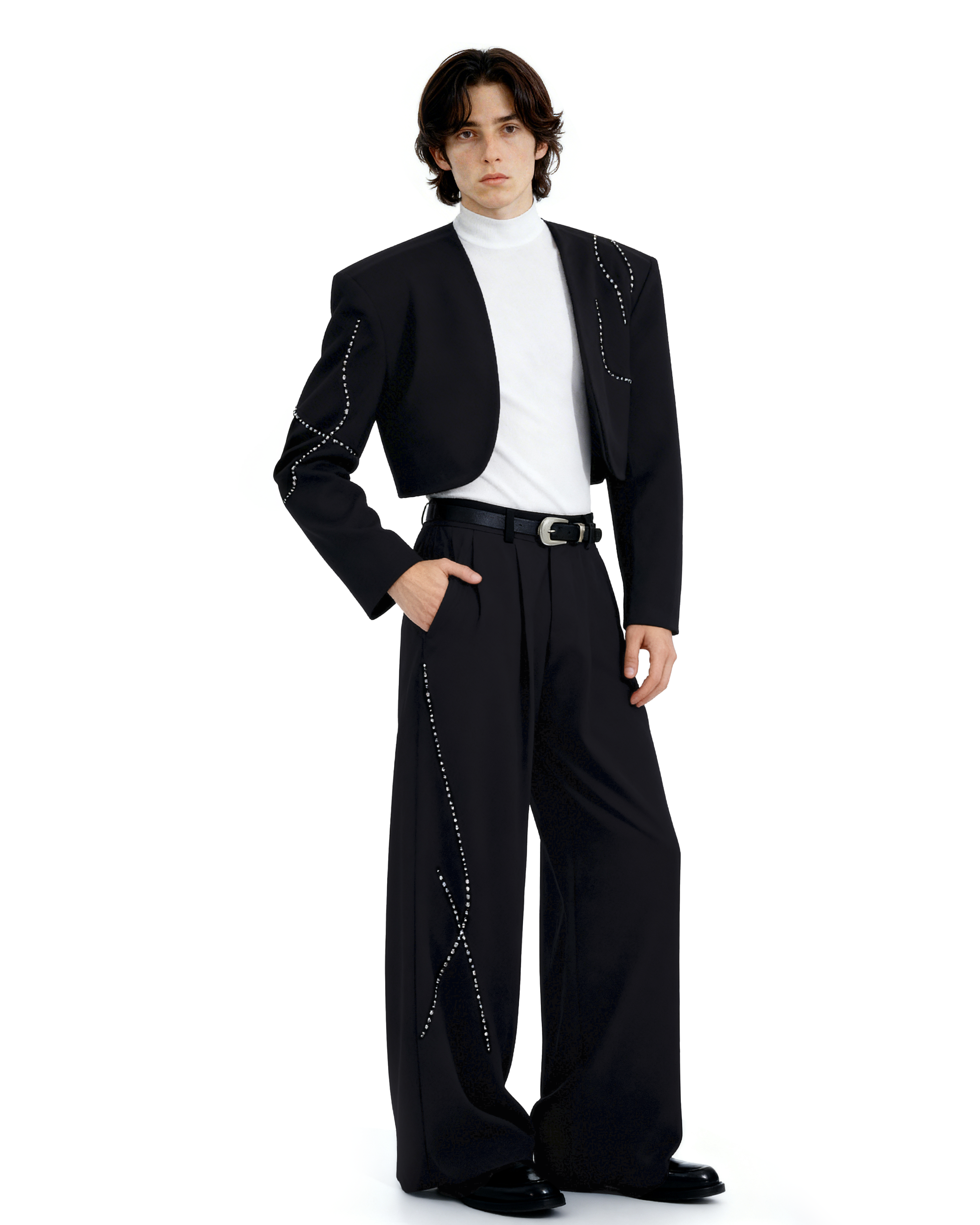 Structured Curve-Panel Cropped Blazer with Embellished Detailing and Wide Leg Pants Two-Piece Set - nightcity clothing