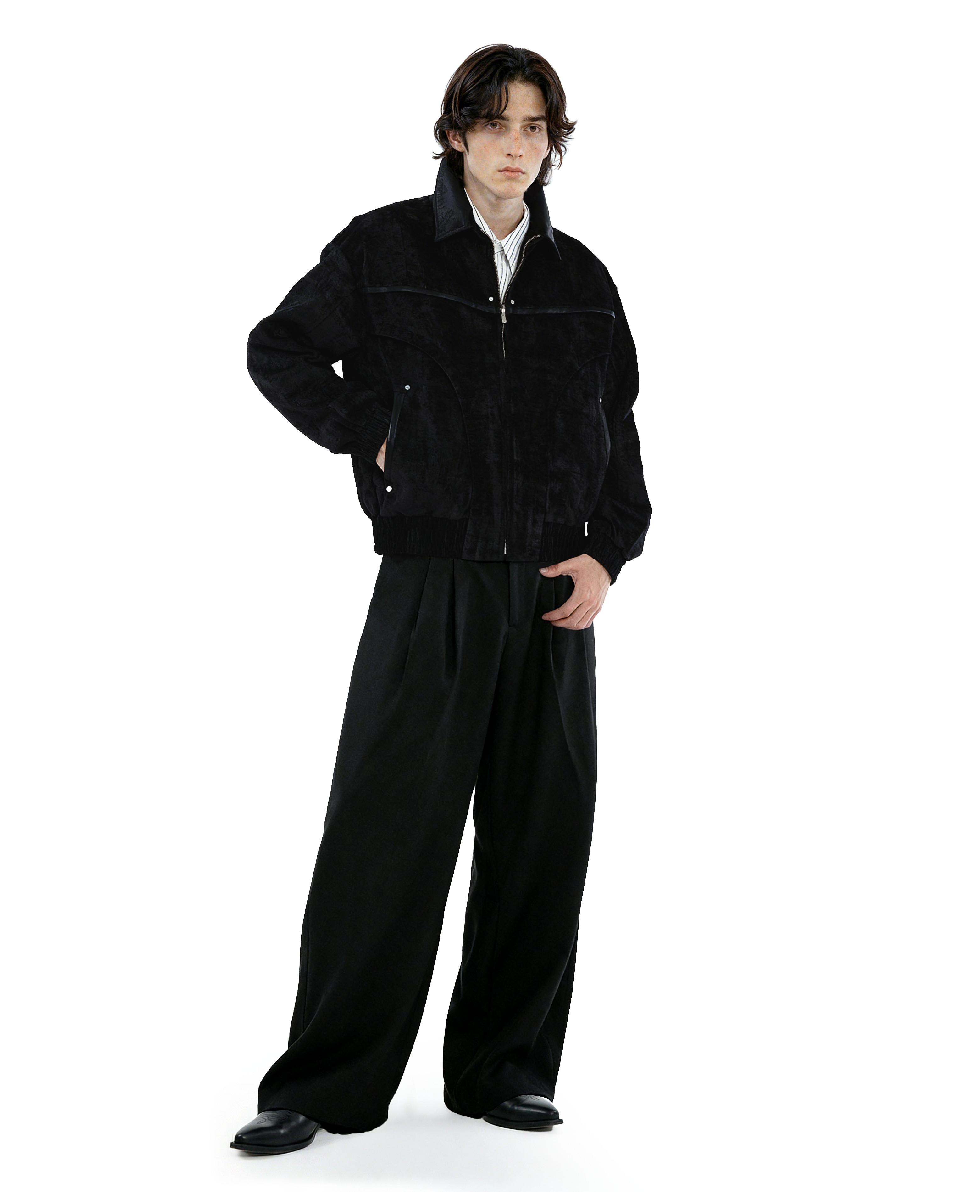 Paneled Mid-Crop Velvet Bomber Jacket - nightcity clothing