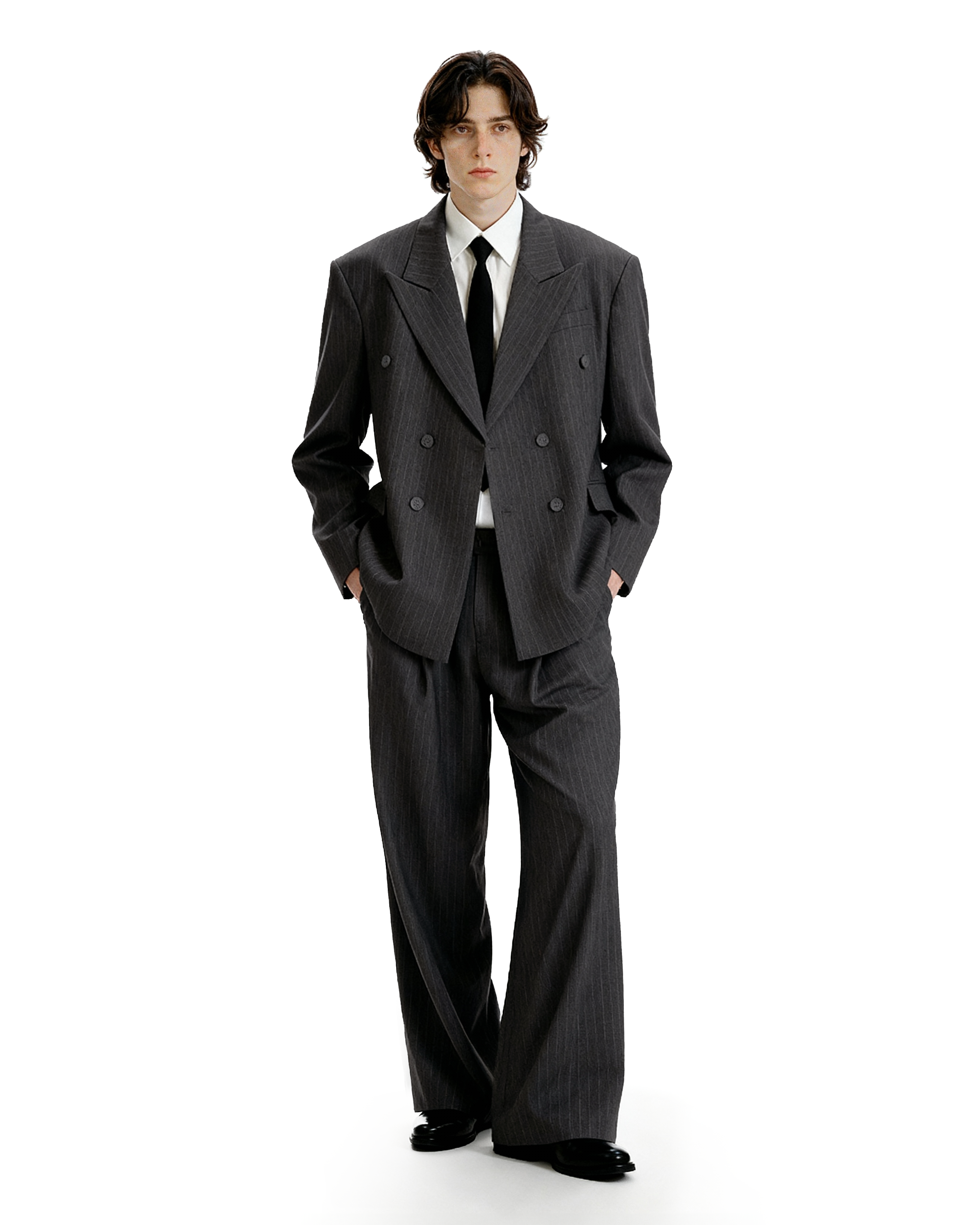 Boxy Double-Breasted Pinstripe Blazer and Wide Leg Pleated Pants Two-Piece Set - nightcity clothing