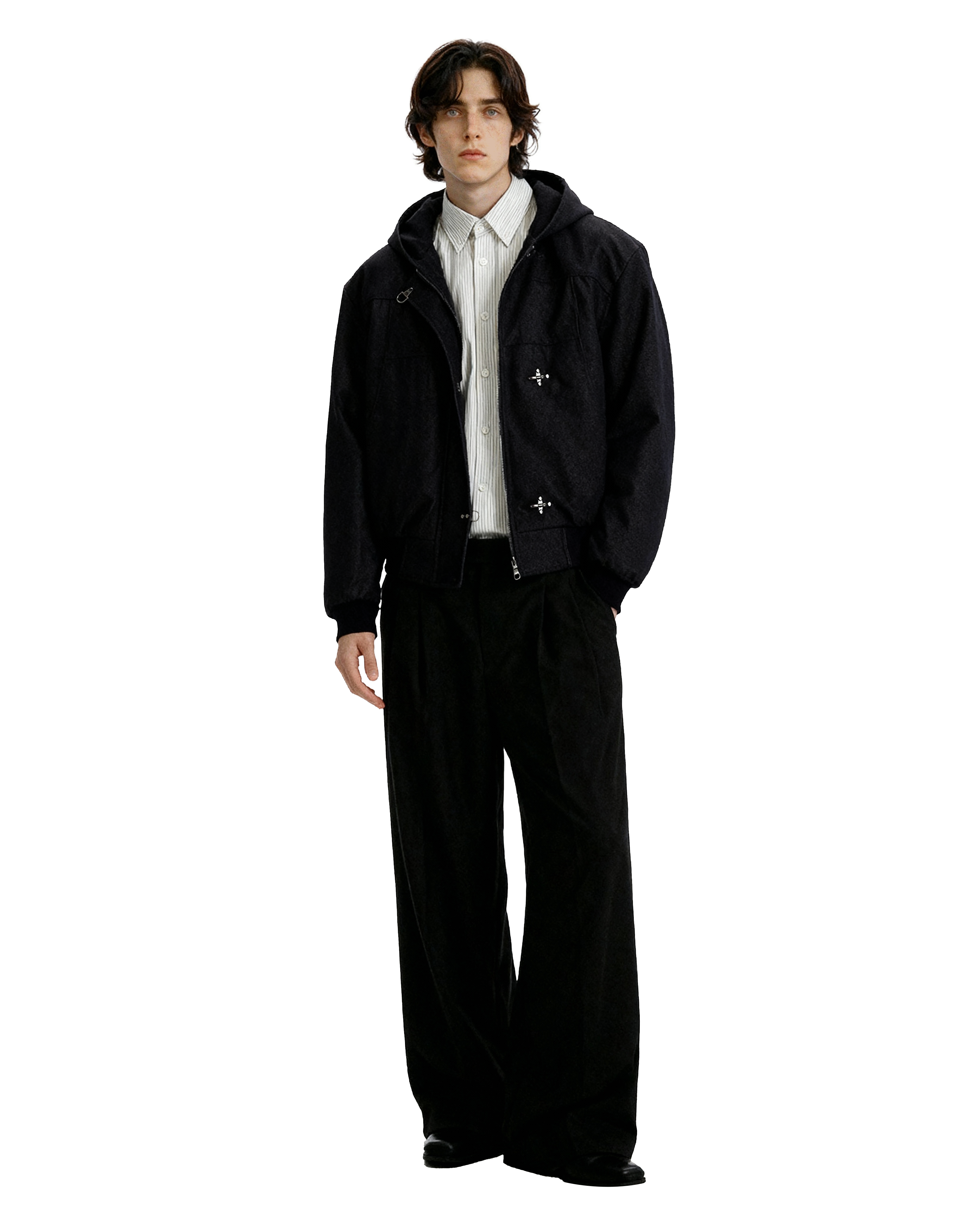 Boxy Fireman Clasp Hooded Dark-Wash Denim Zip Jacket