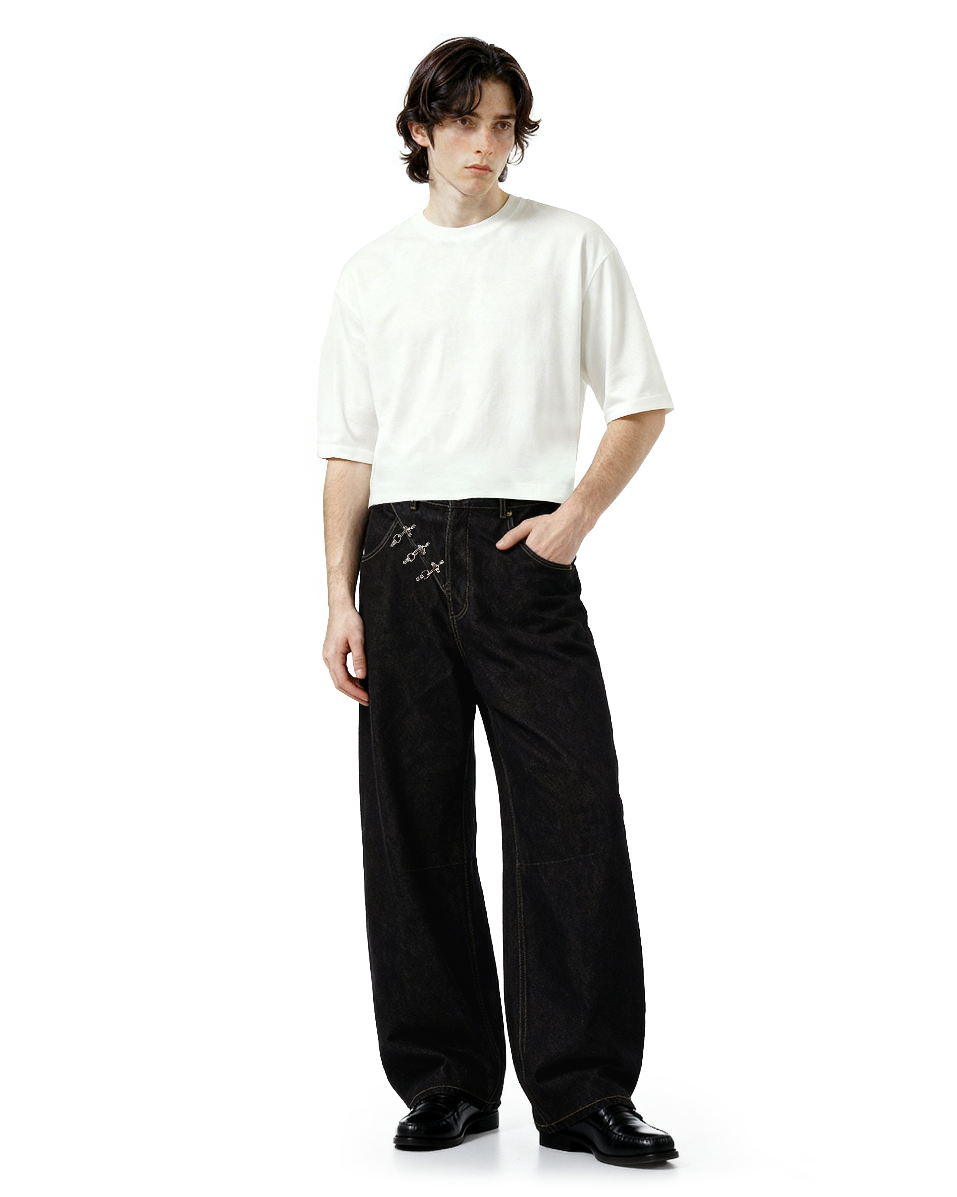 Contrast Stitch Wide Leg Jeans with Diagonal Fireman Buckles - nightcity clothing