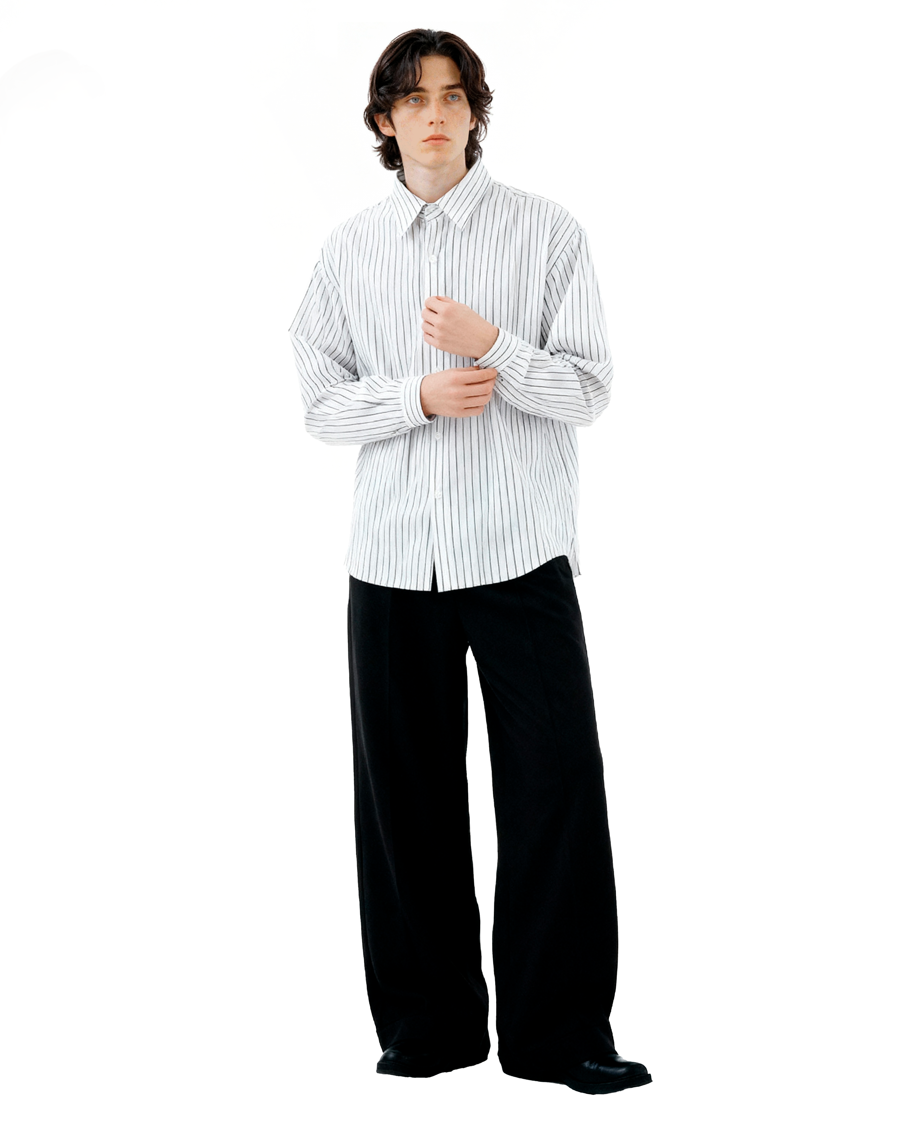 Pinstripe Long Sleeve Drop Shoulder Button Shirt-6