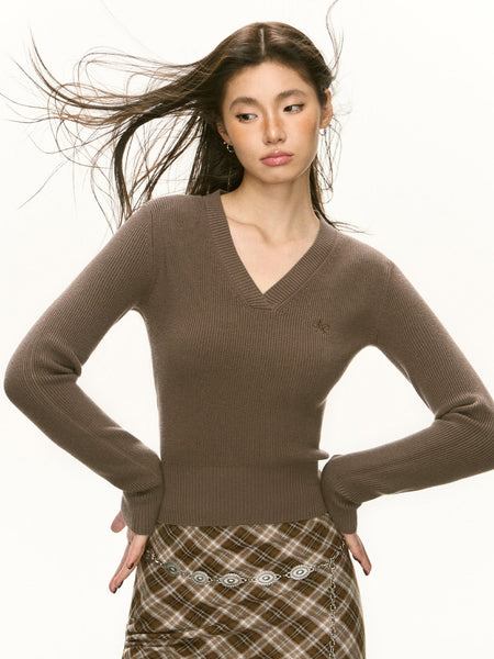 Ribbed V-Neck Long Sleeve Cropped Sweater