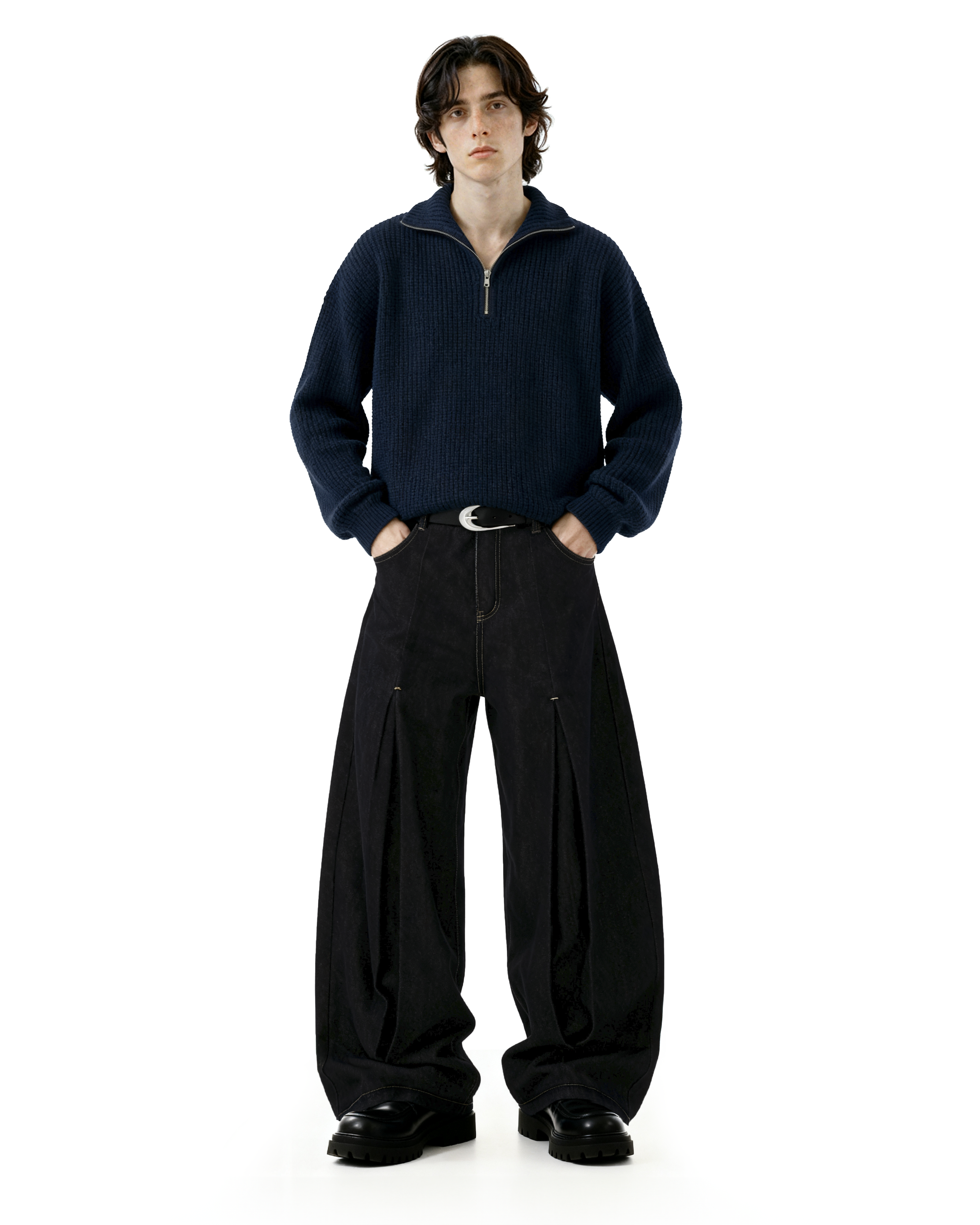Half-Pleated Dark Wash Contrast Stitch Wide Jeans - nightcity clothing