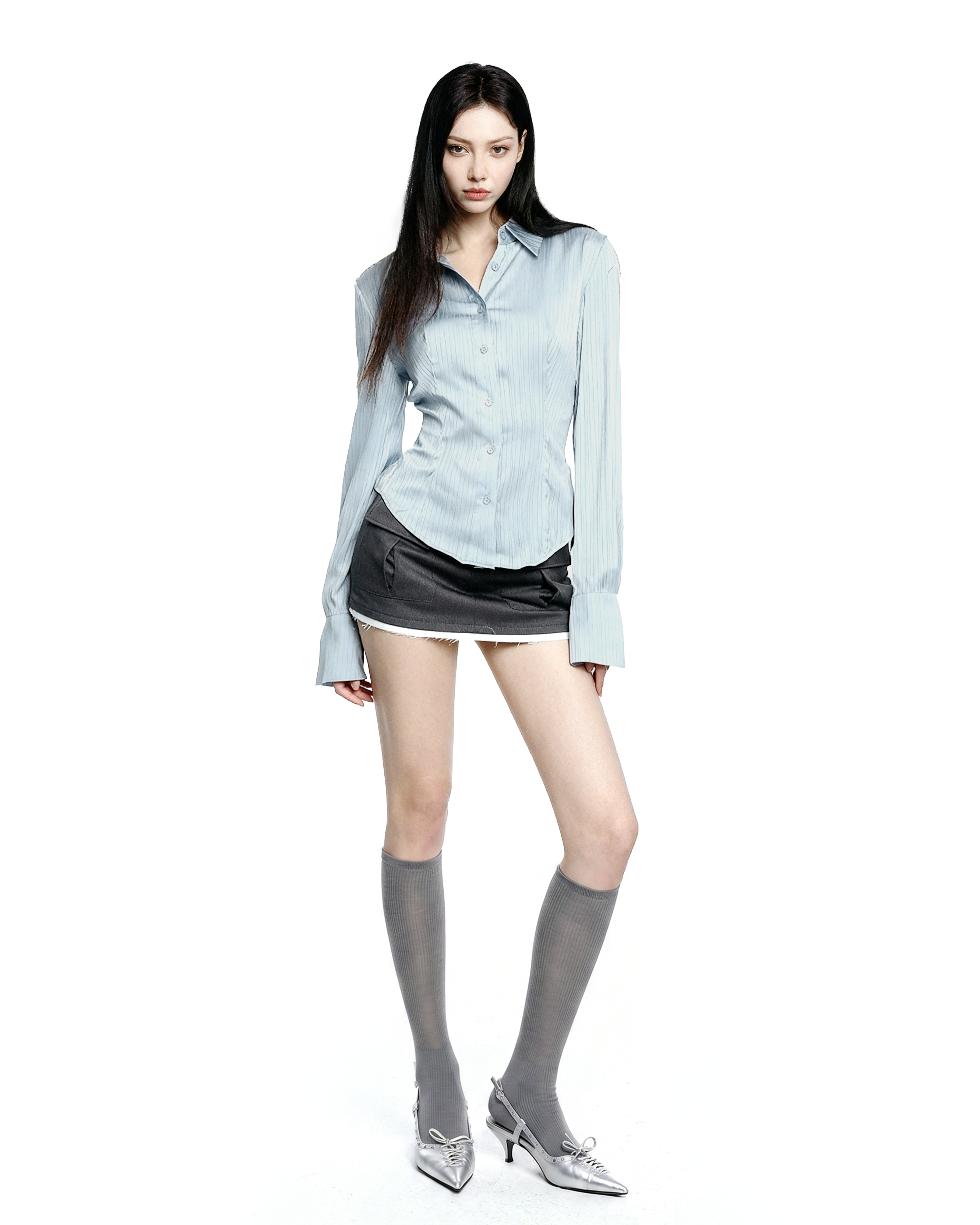 Pinstripe Satin Button-Up Shirt with Flare Long Sleeve-5