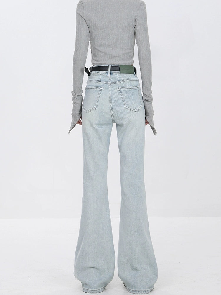 Skinny Flared Denim Jeans with Waist Stitch Detail