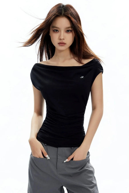 Asymmetrical Neckline Ruched Jersey Top - nightcity clothing