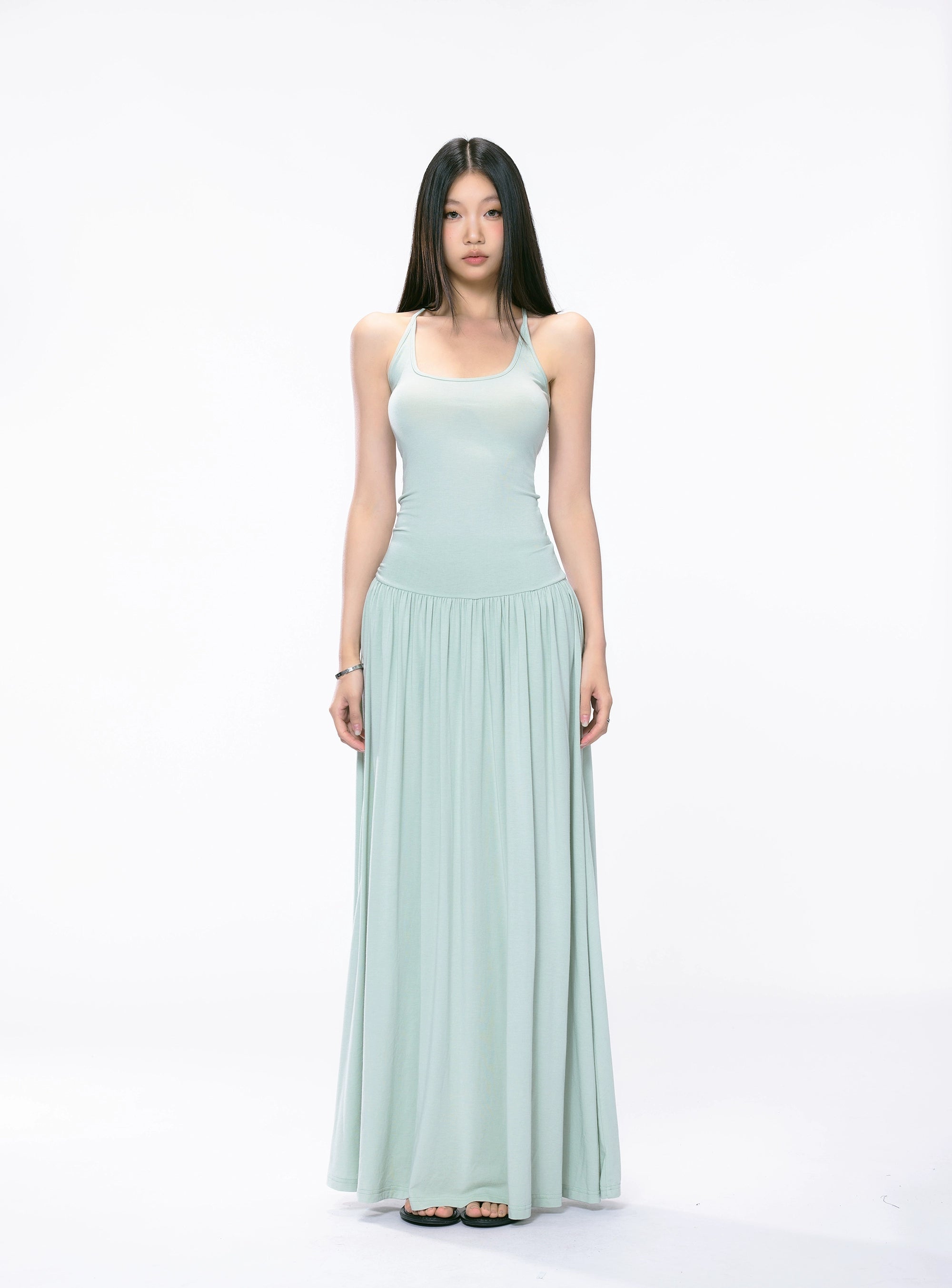 Racer Back Sleeveless Maxi Dress with Flared Skirt