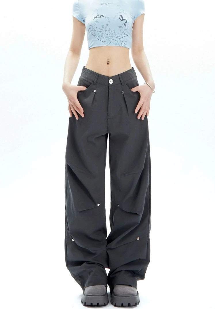 Wide-Leg Button-Detail Cargo Trousers