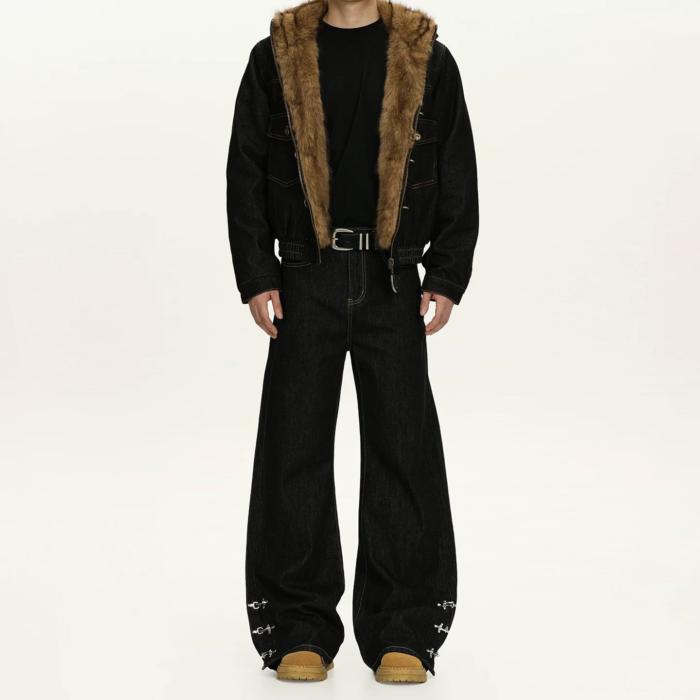 Contrast Stitch Wide Leg Jeans with Lower Fireman Buckle Details