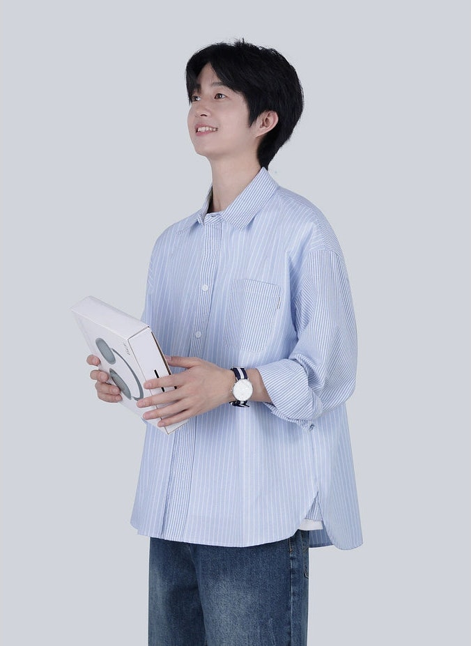 Narrow-Stripe Button-Up Long Sleeve Shirt