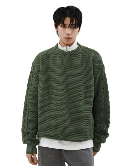Cable Knit Sleeve Ribbed Trim Drop Shoulder Sweater