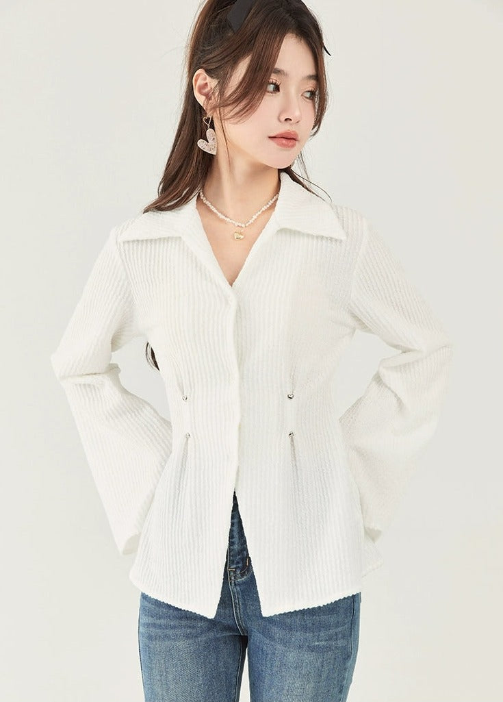 Ribbed Button-Up Collared Knit Shirt