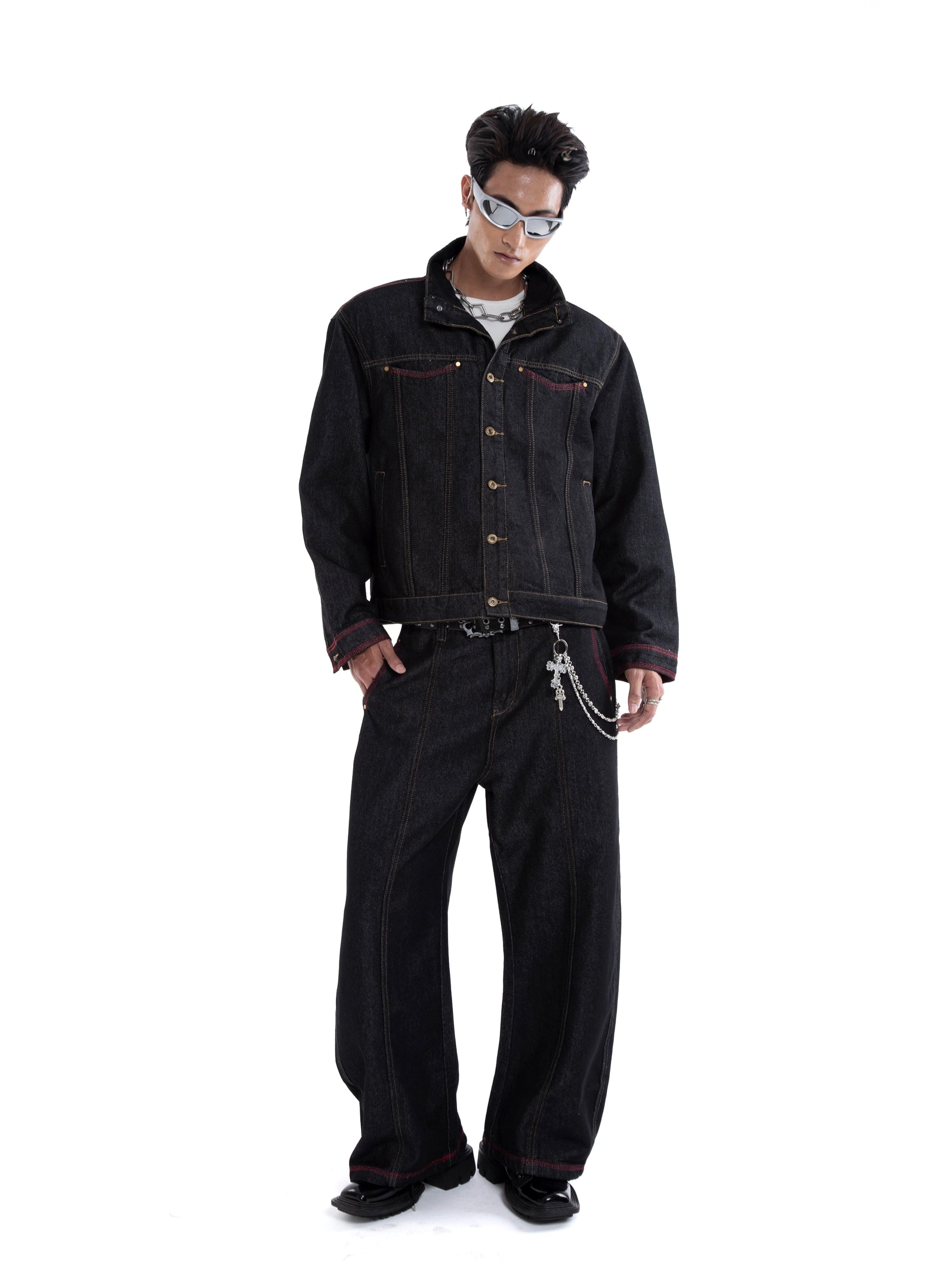 Dark Wash Contrast Stitch Mid Crop Denim Jacket and Wide Leg Jeans Two-Piece Set
